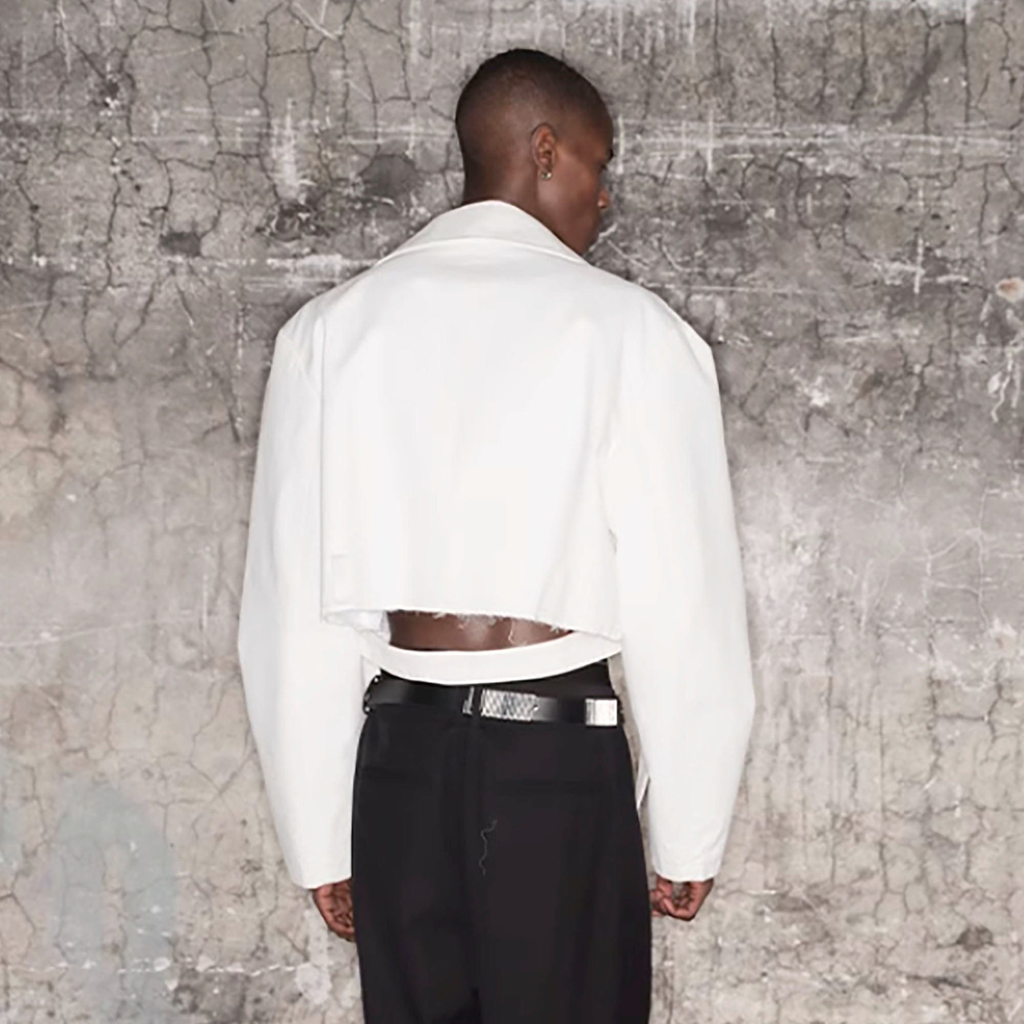 TRIANGLE PROJECT Cropped Asymmetrical Double-Breasted Cropped Jacket, premium urban and streetwear designers apparel on PROJECTISR.com, TRIANGLE PROJECT