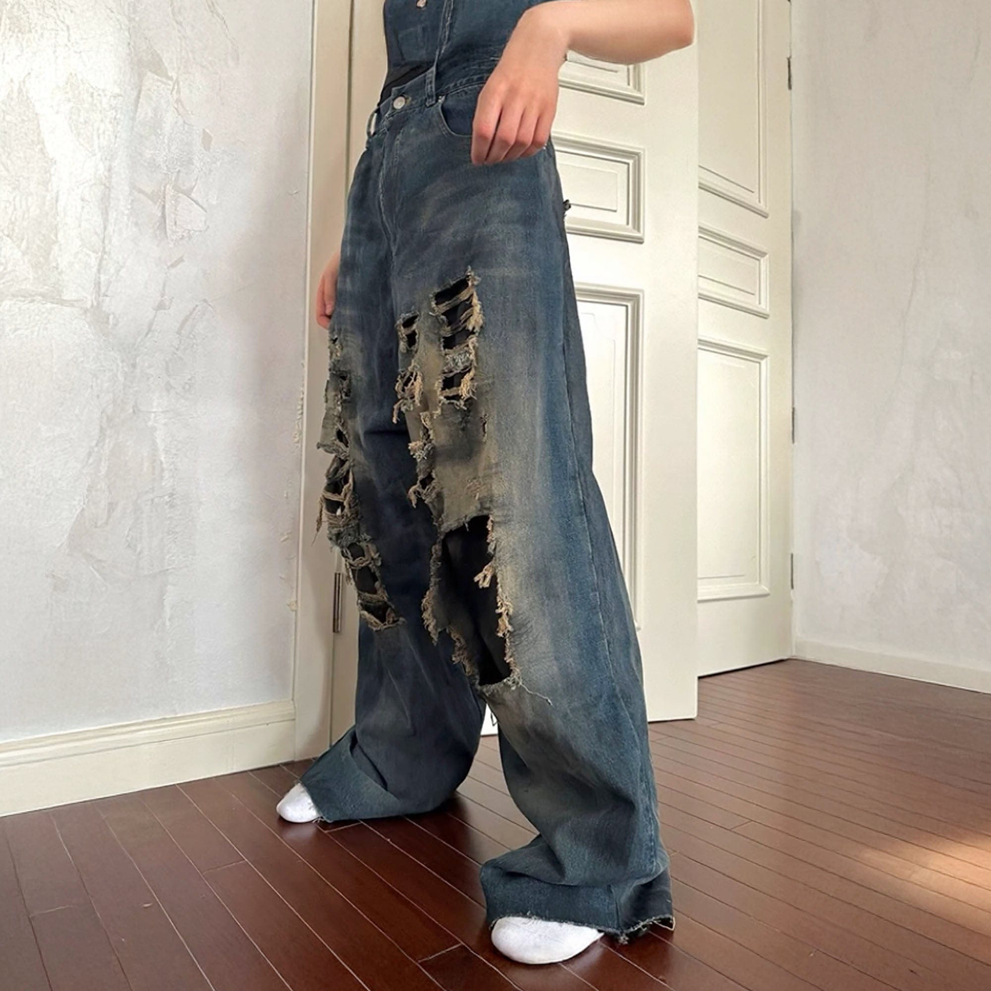 TRIANGLE PROJECT Layered Washed Oversized Ripped Jeans, premium urban and streetwear designers apparel on PROJECTISR.com, TRIANGLE PROJECT