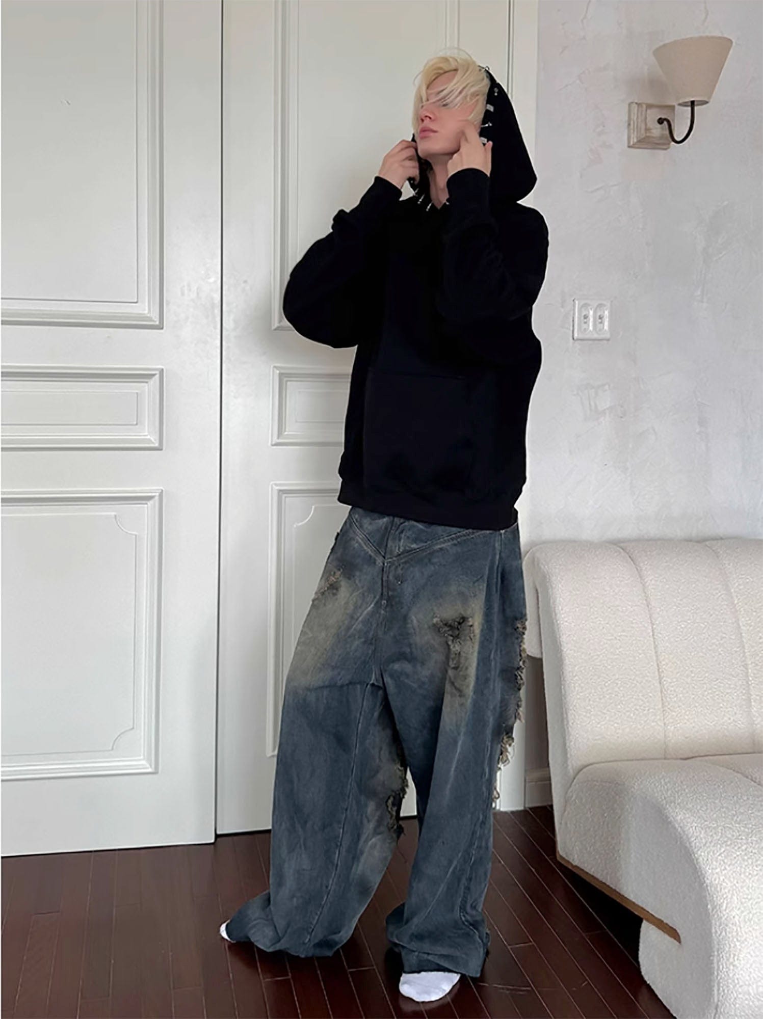 TRIANGLE PROJECT Layered Washed Oversized Ripped Jeans, premium urban and streetwear designers apparel on PROJECTISR.com, TRIANGLE PROJECT