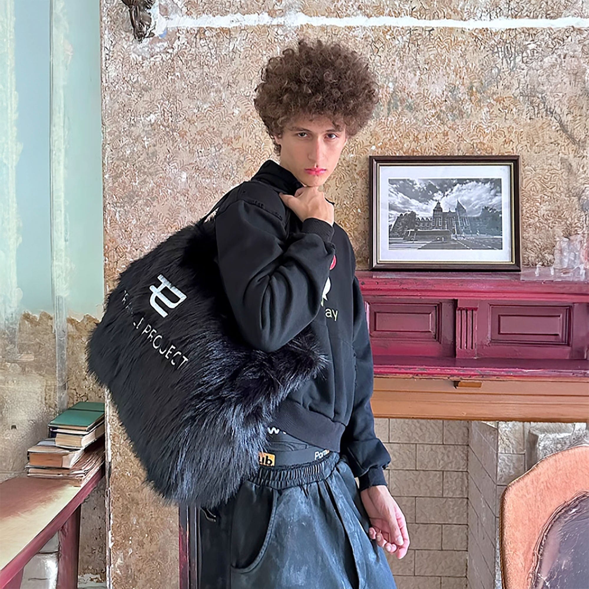 TRIANGLE PROJECT Fluffy Faux Fur LOGO Embroidery Oversized Tote, premium urban and streetwear designers apparel on PROJECTISR.com, TRIANGLE PROJECT