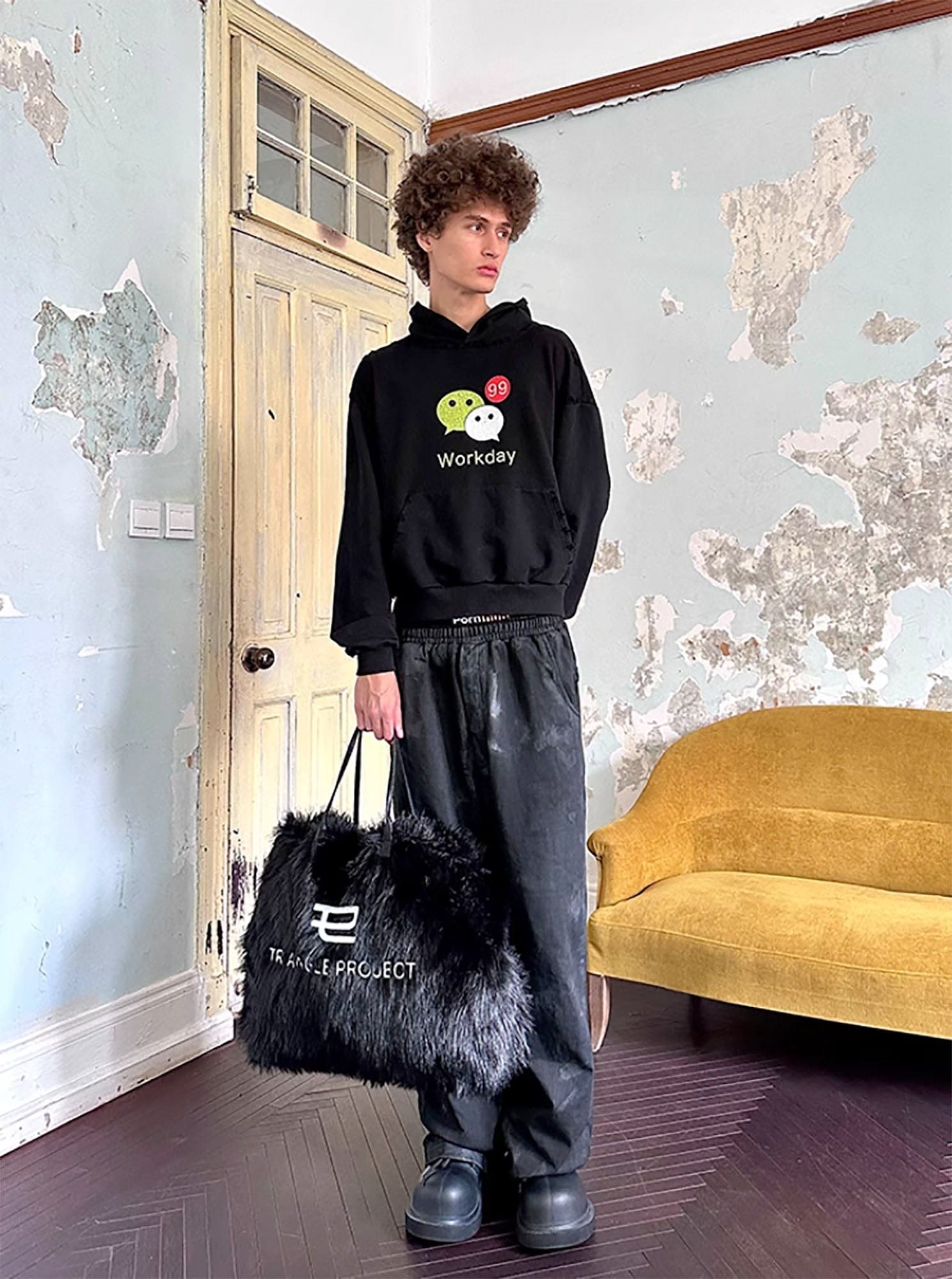 TRIANGLE PROJECT Fluffy Faux Fur LOGO Embroidery Oversized Tote, premium urban and streetwear designers apparel on PROJECTISR.com, TRIANGLE PROJECT