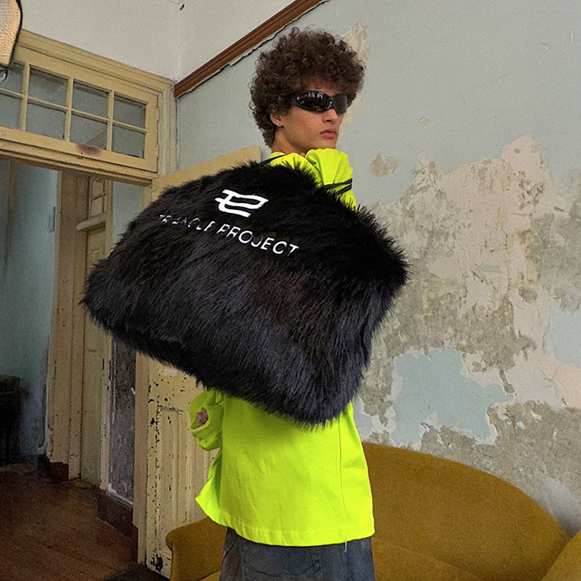 TRIANGLE PROJECT Fluffy Faux Fur LOGO Embroidery Oversized Tote, premium urban and streetwear designers apparel on PROJECTISR.com, TRIANGLE PROJECT