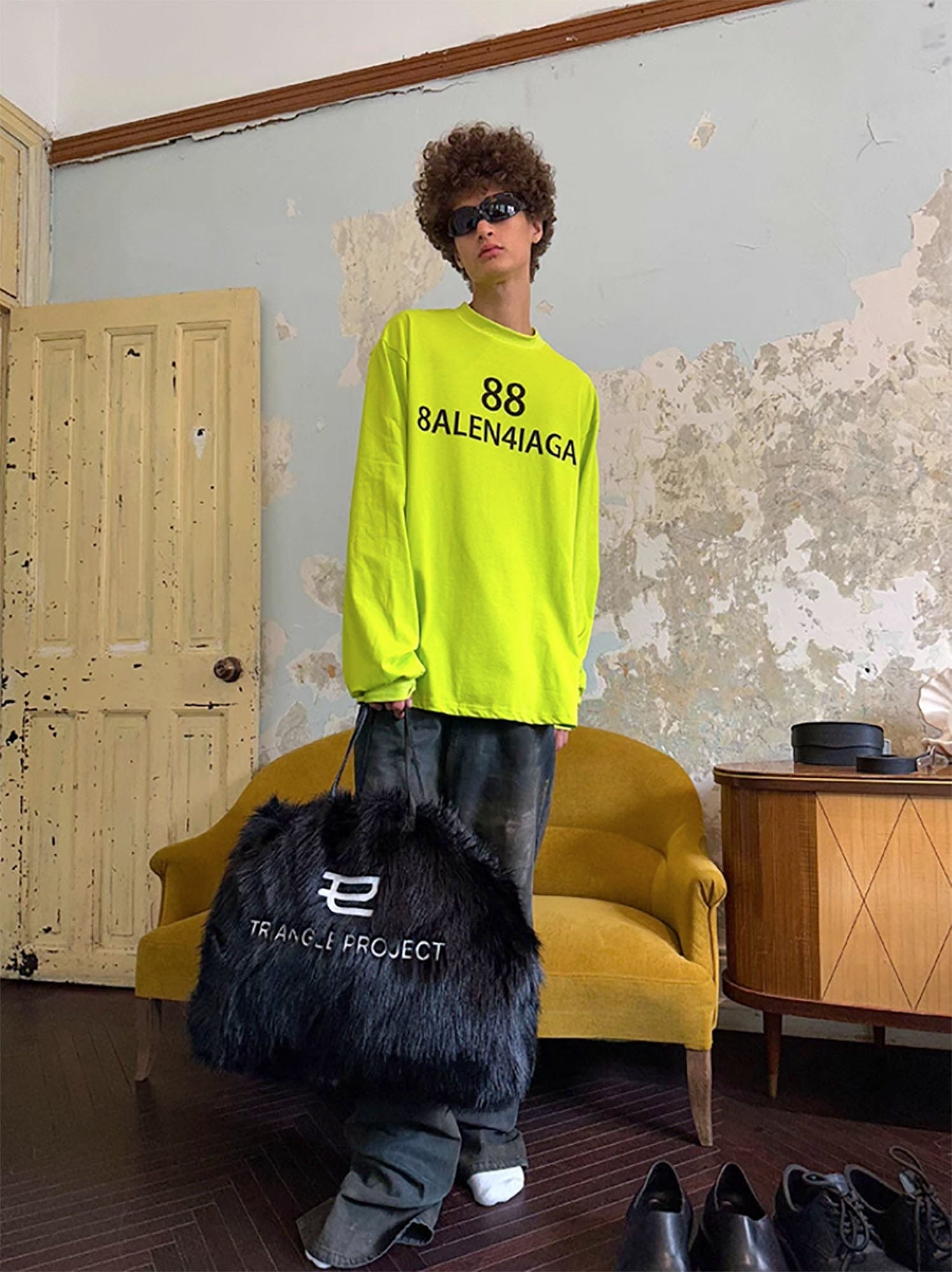 TRIANGLE PROJECT Fluffy Faux Fur LOGO Embroidery Oversized Tote, premium urban and streetwear designers apparel on PROJECTISR.com, TRIANGLE PROJECT