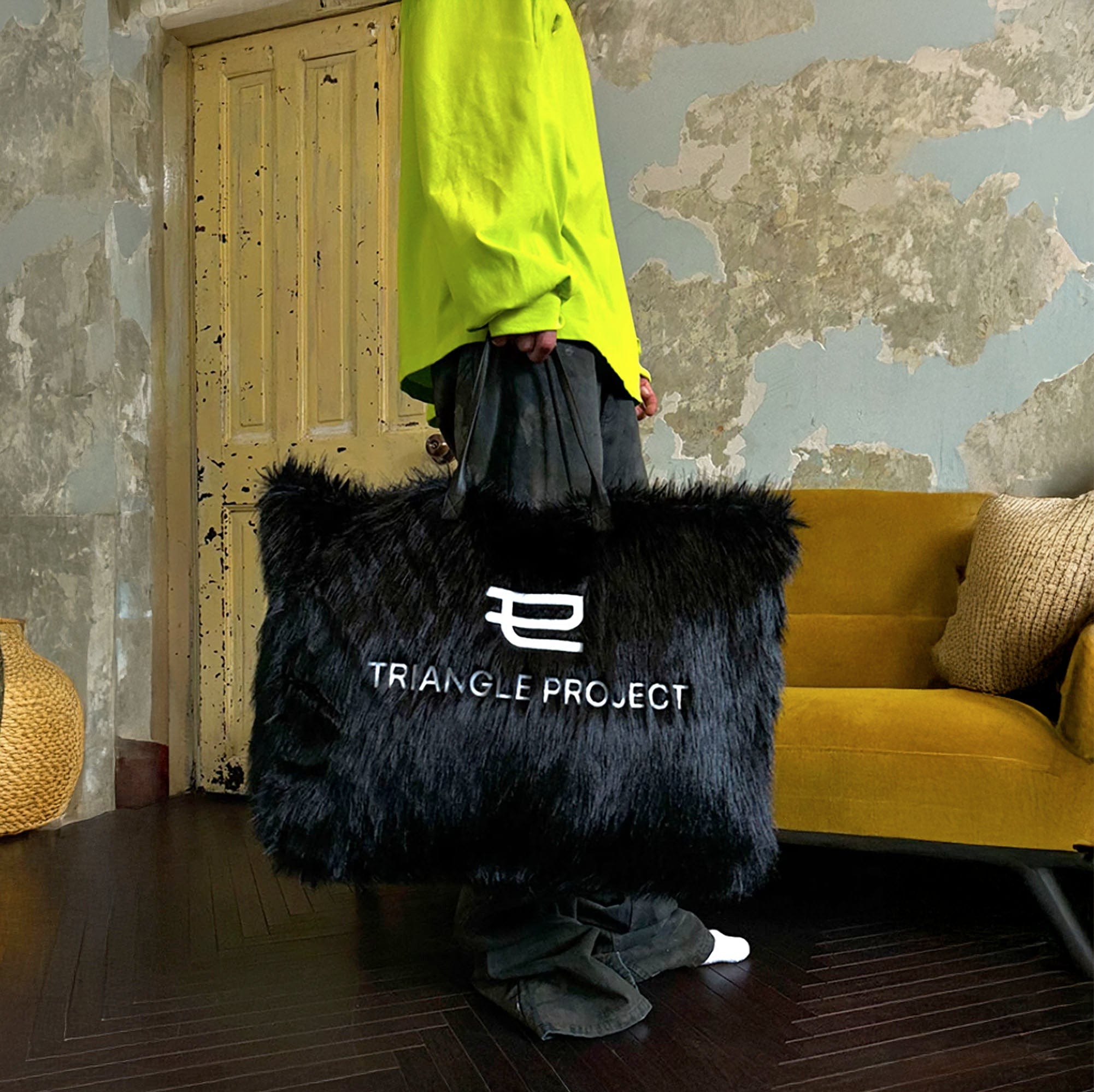 TRIANGLE PROJECT Fluffy Faux Fur LOGO Embroidery Oversized Tote, premium urban and streetwear designers apparel on PROJECTISR.com, TRIANGLE PROJECT