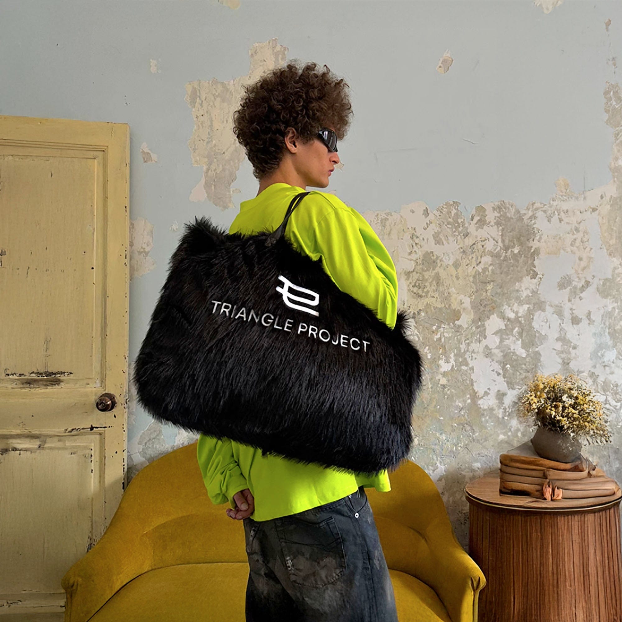 TRIANGLE PROJECT Fluffy Faux Fur LOGO Embroidery Oversized Tote, premium urban and streetwear designers apparel on PROJECTISR.com, TRIANGLE PROJECT
