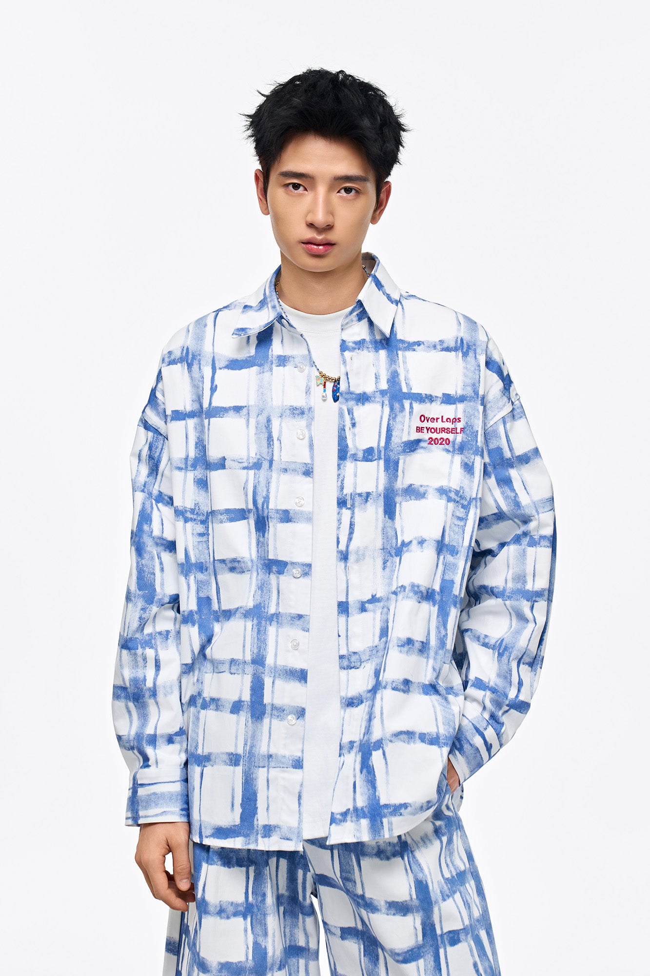 OVERLAPS Brush-Paint Grid Oversized Shirt, premium urban and streetwear designers apparel on PROJECTISR.com, OVERLAPS