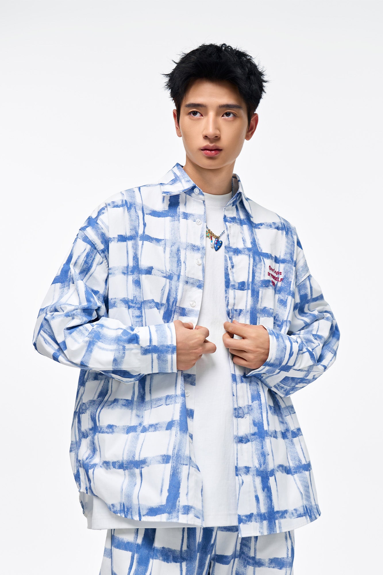 OVERLAPS Brush-Paint Grid Oversized Shirt, premium urban and streetwear designers apparel on PROJECTISR.com, OVERLAPS