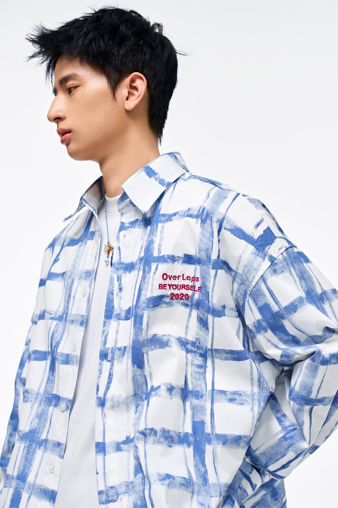 OVERLAPS Brush-Paint Grid Oversized Shirt, premium urban and streetwear designers apparel on PROJECTISR.com, OVERLAPS