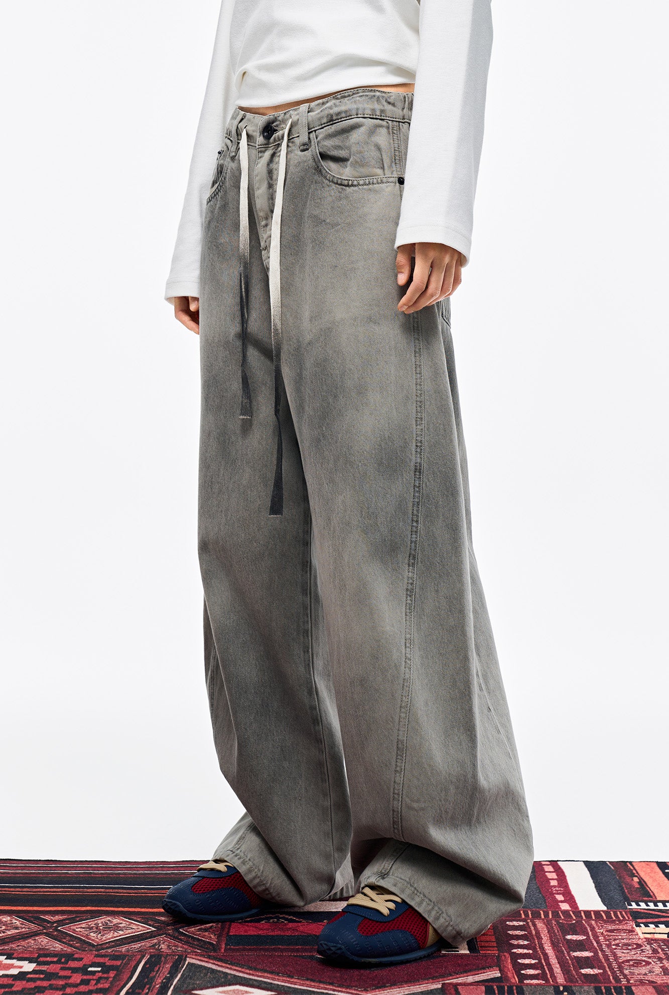 OVERLAPS Washed Drawstring Wide-Leg Jeans, premium urban and streetwear designers apparel on PROJECTISR.com, OVERLAPS