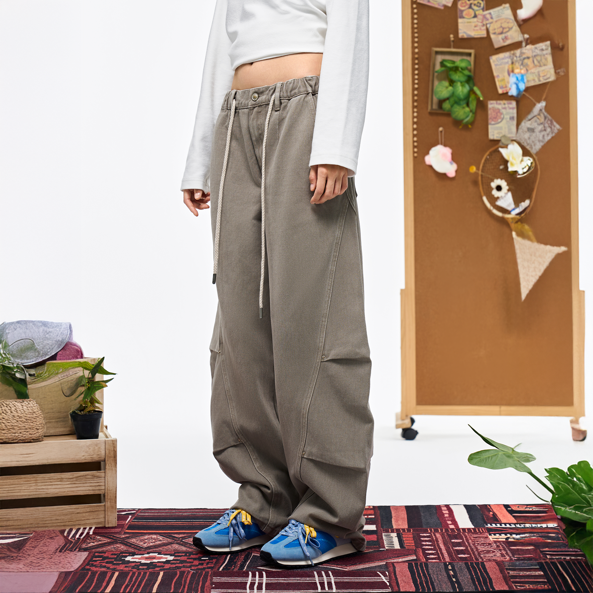 OVERLAPS Washed Drawstring Barrel-Leg Utility Pants, premium urban and streetwear designers apparel on PROJECTISR.com, OVERLAPS