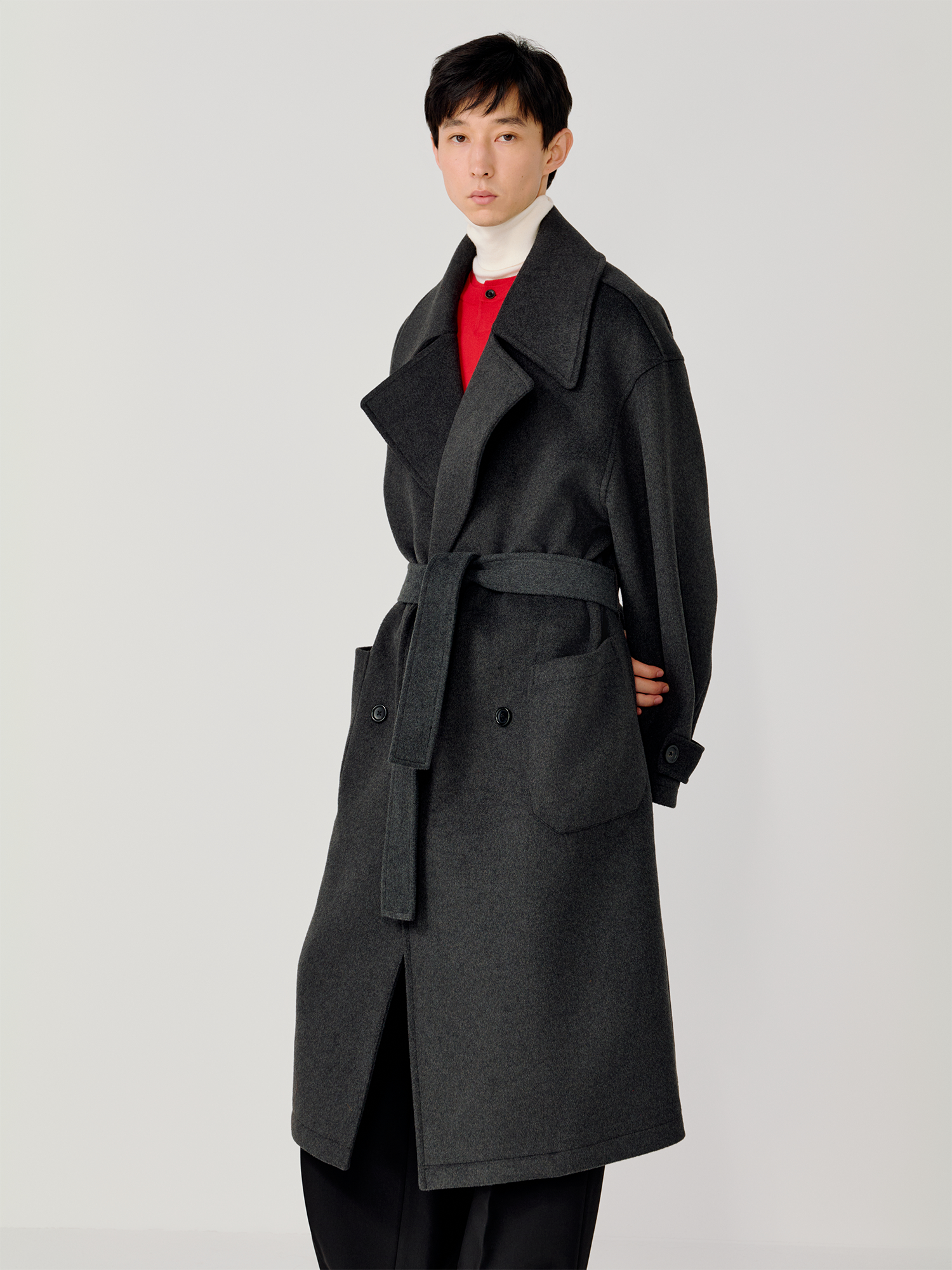 OPICLOTH Belted Wool-Blend Peak Lapel Overcoat, premium urban and streetwear designers apparel on PROJECTISR.com, OPICLOTH