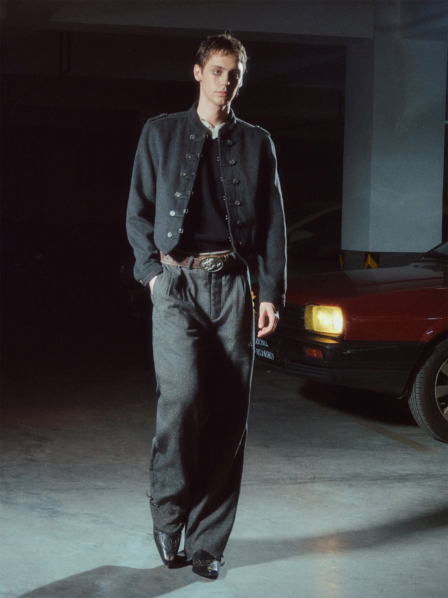 RICHILL Flocked Napoleon Button Cropped Jacket, premium urban and streetwear designers apparel on PROJECTISR.com, RICHILL