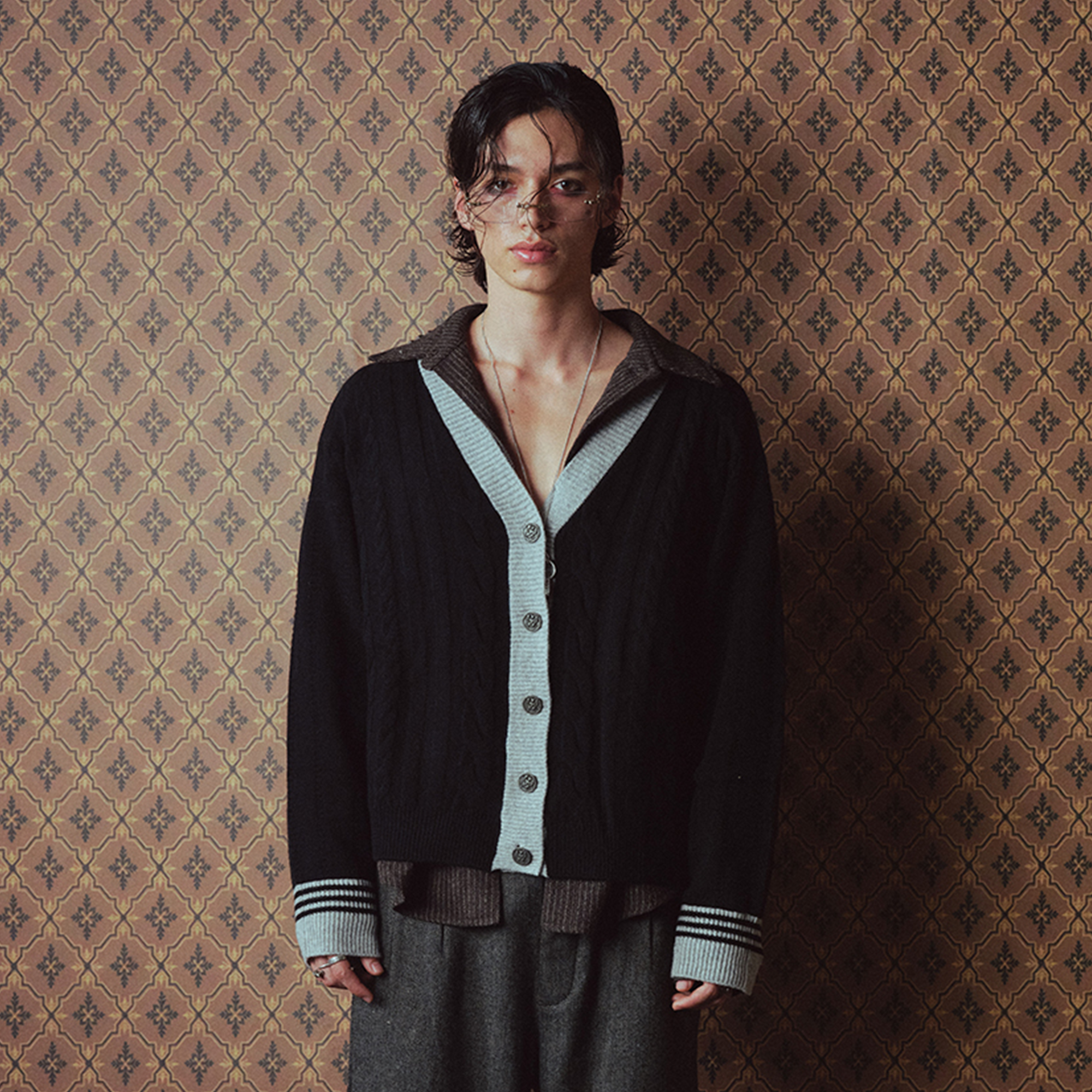 RICHILL Contrast Trim Cable Knit Cardigan