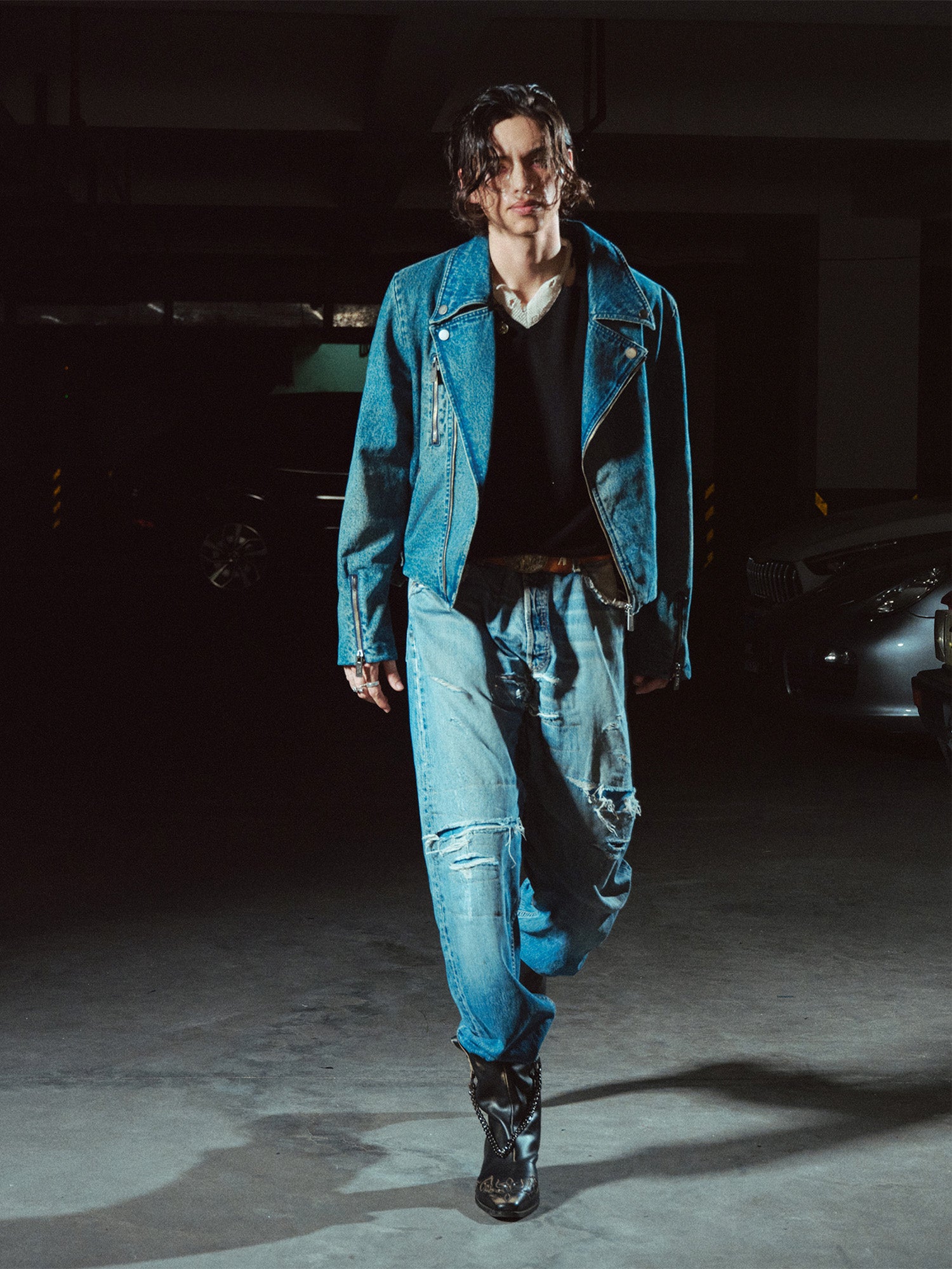 RICHILL Washed Multi-Zip Short Denim Biker Jacket