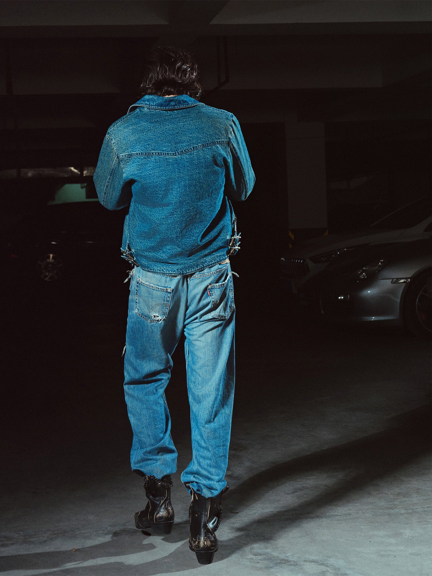 RICHILL Washed Multi-Zip Short Denim Biker Jacket