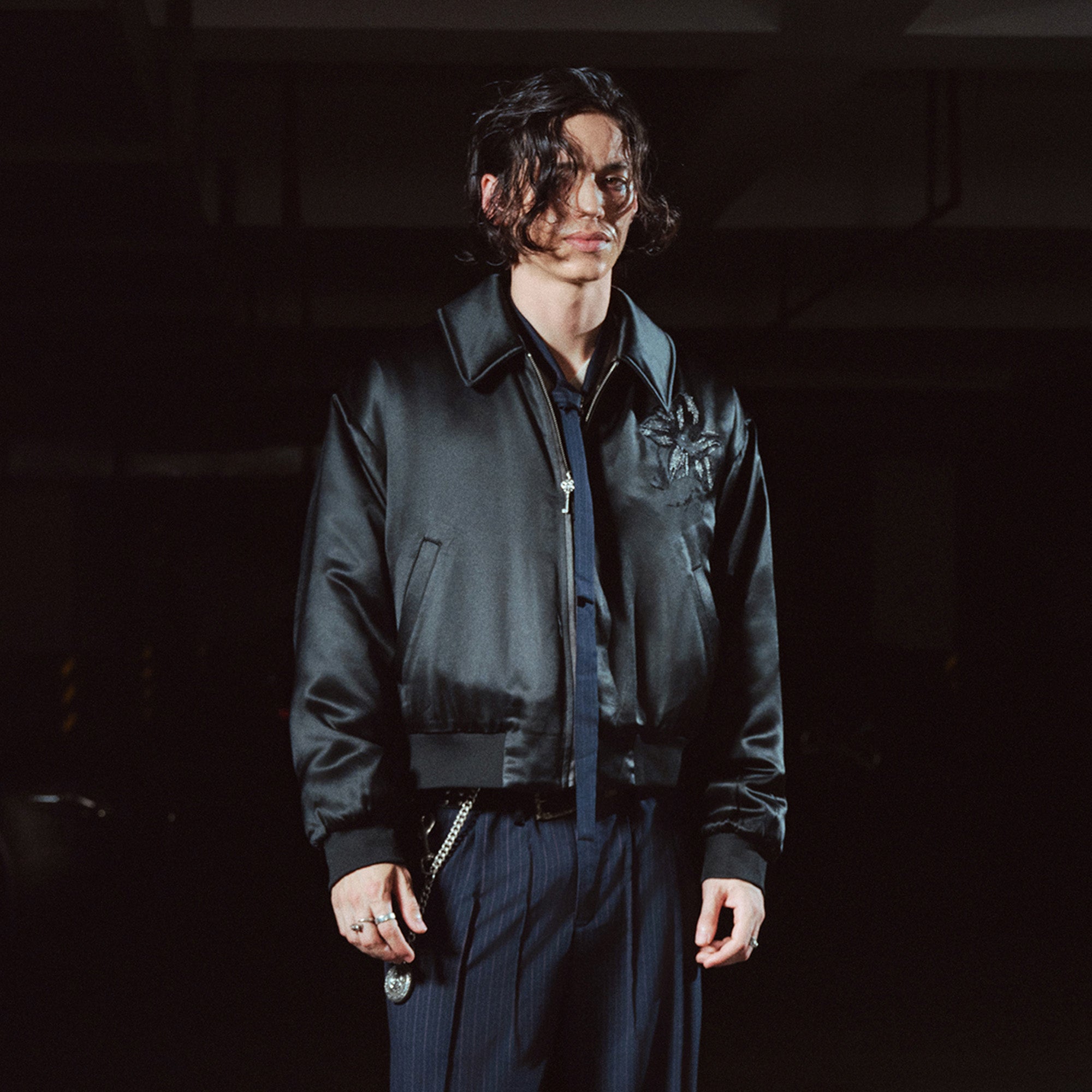 RICHILL Floral Embroidered Acetate Bomber Jacket