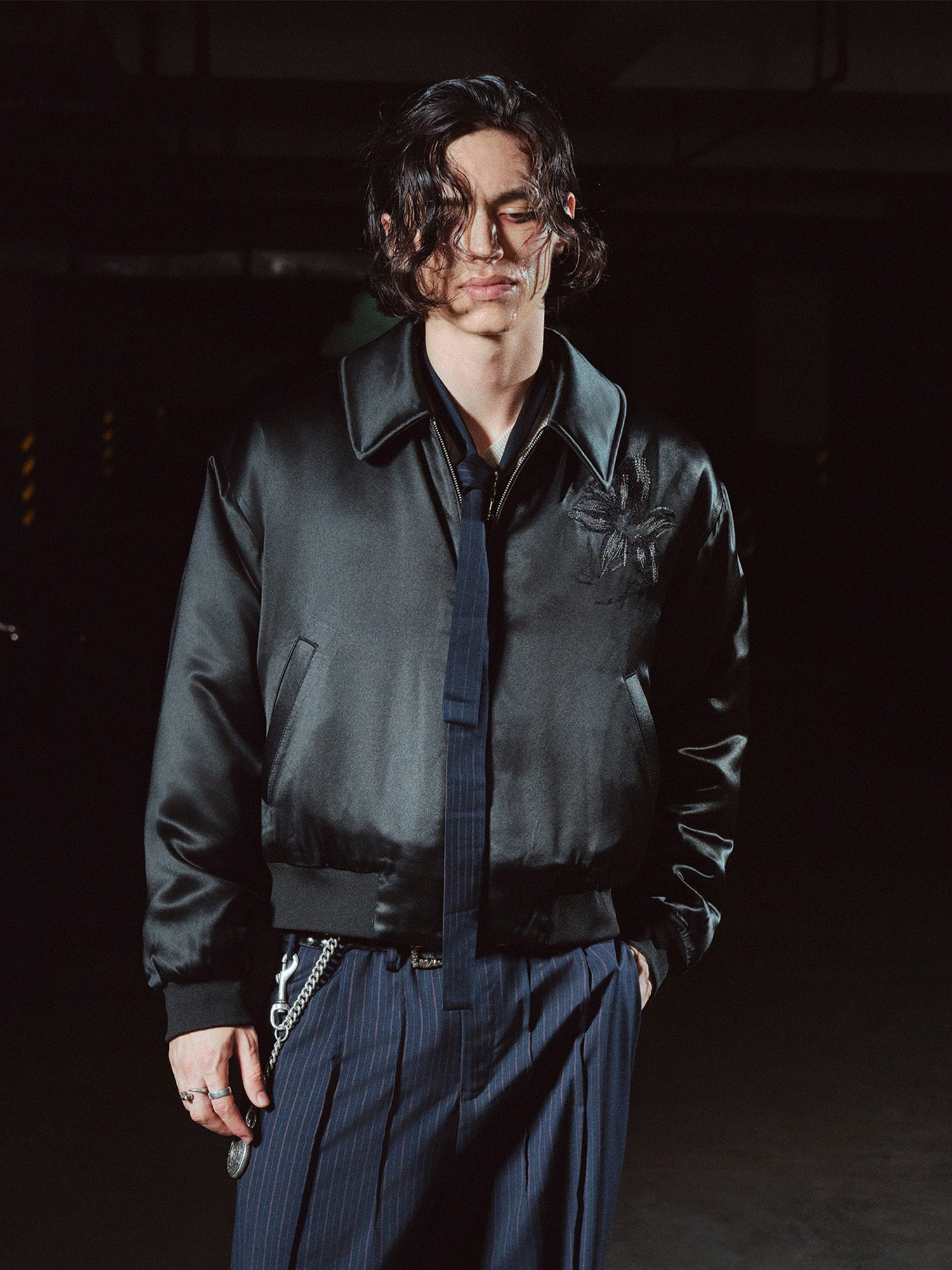 RICHILL Floral Embroidered Acetate Bomber Jacket