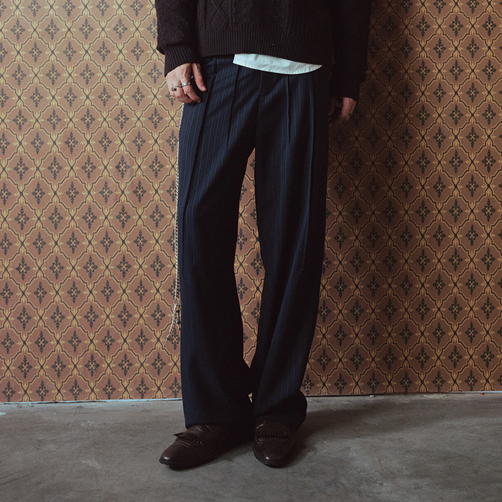 RICHILL Asymmetric Waist Pinstripe Pleated Wide-Leg Trousers