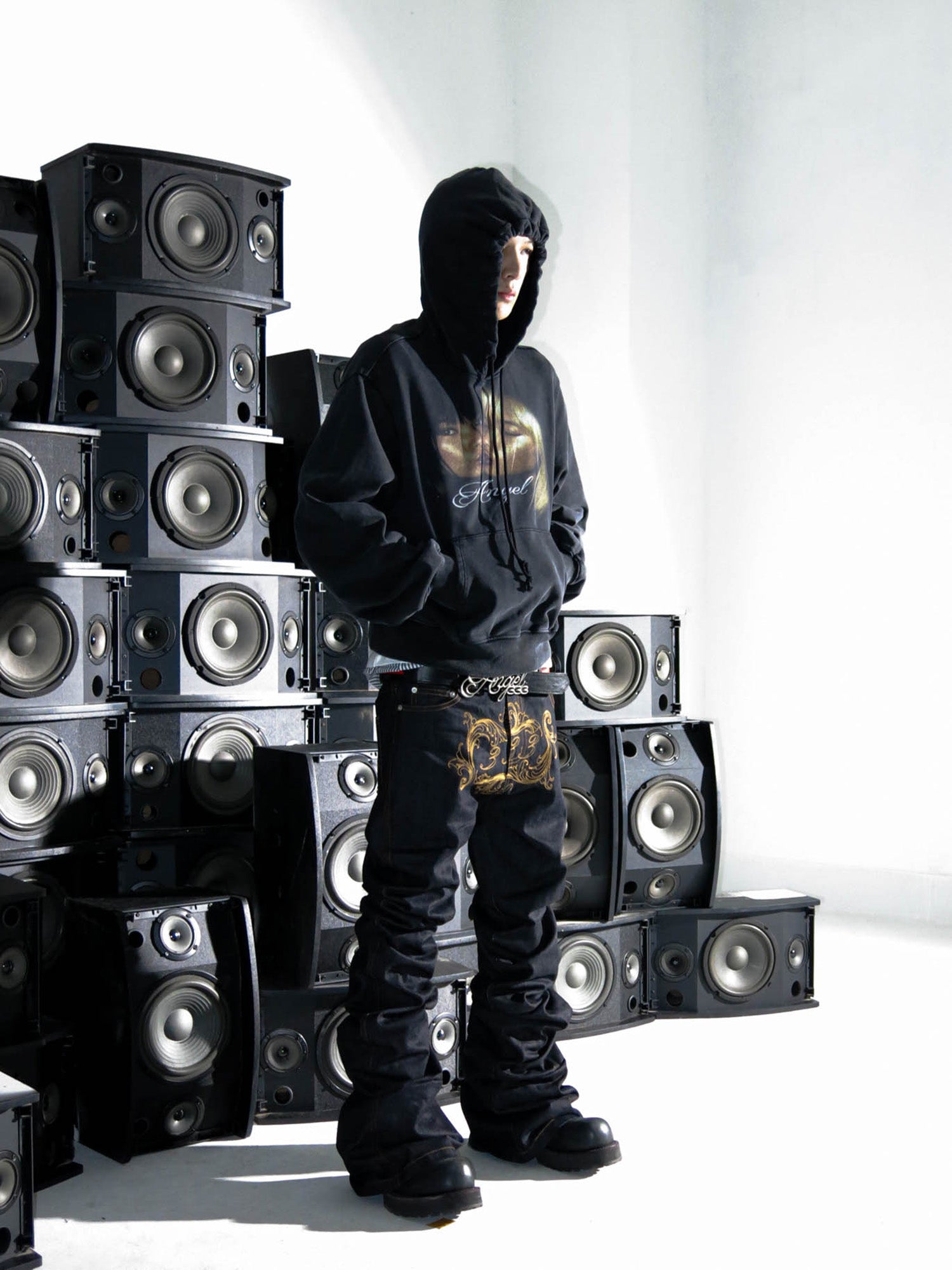 PCCVISION Baroque Embroidered Raw Denim Stacked Jeans