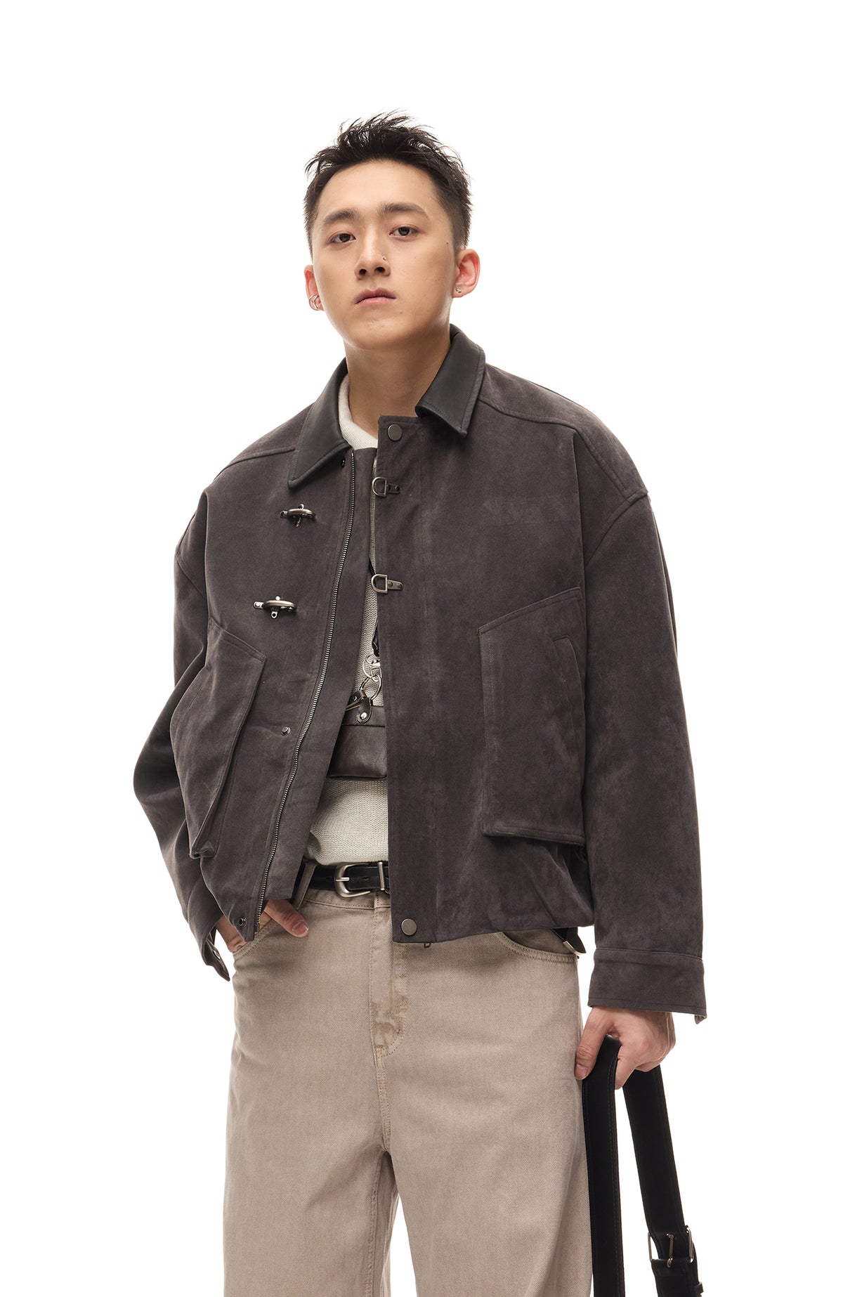 BOTANICA Retro Spliced Faux Leather Aviator Jacket