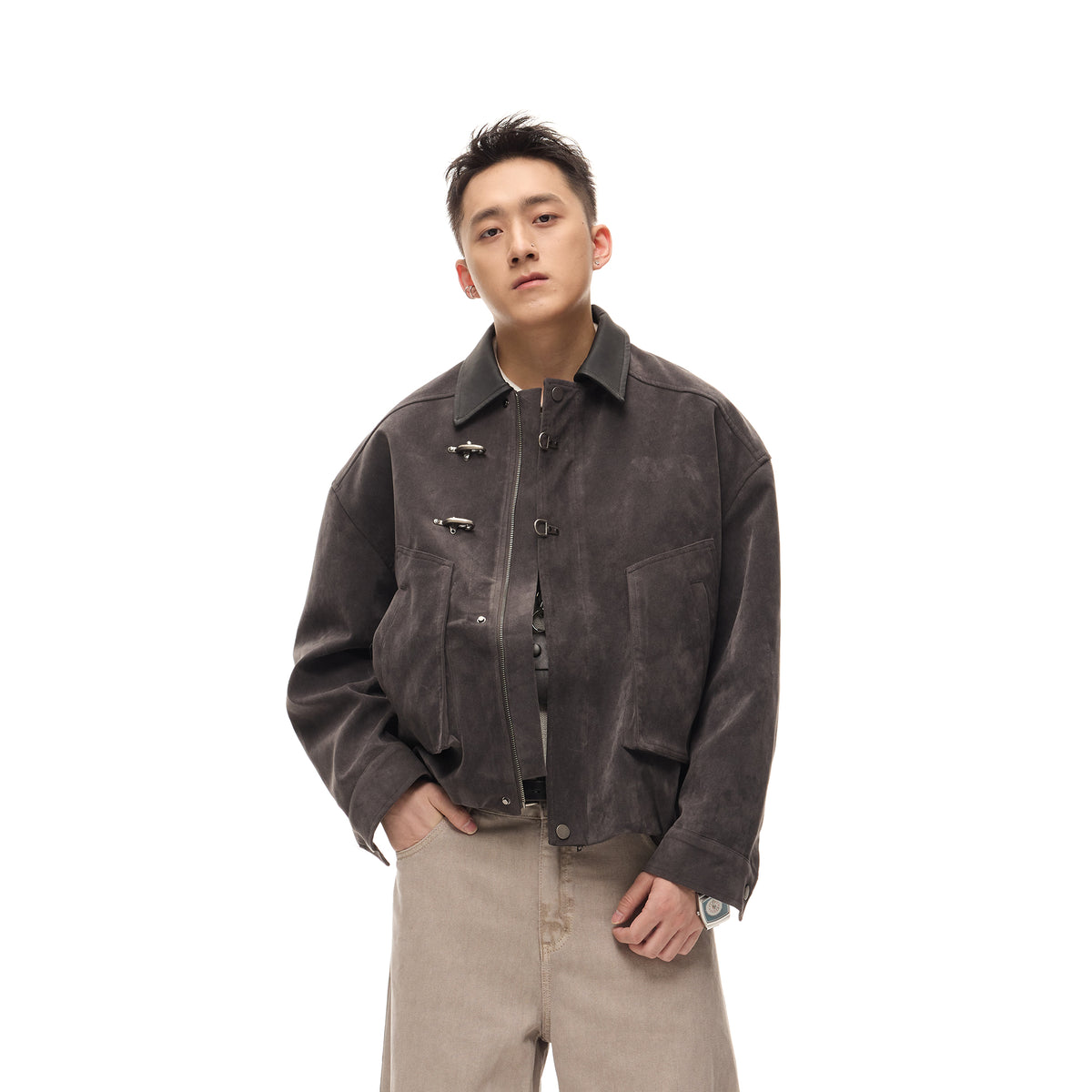 BOTANICA Retro Spliced Faux Leather Aviator Jacket
