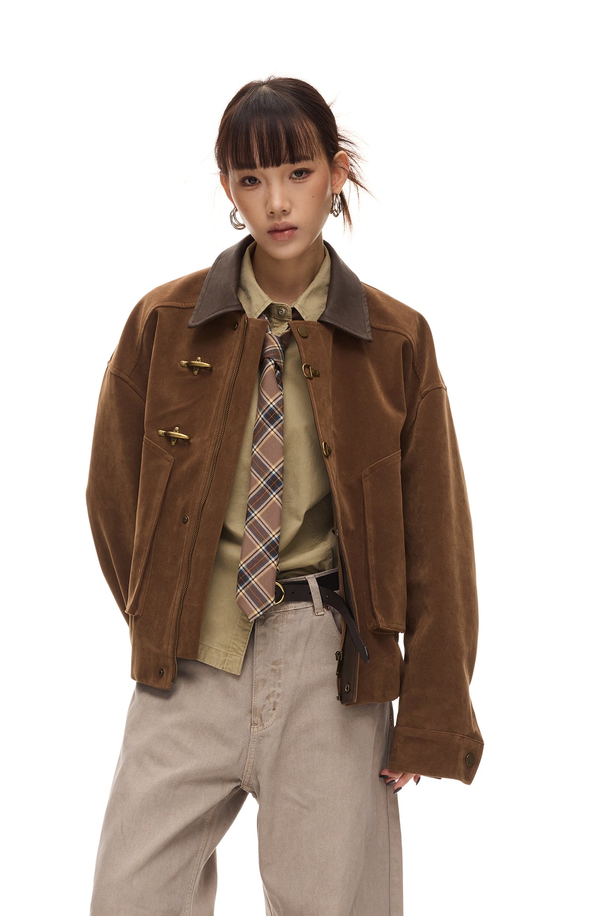BOTANICA Retro Spliced Faux Leather Aviator Jacket