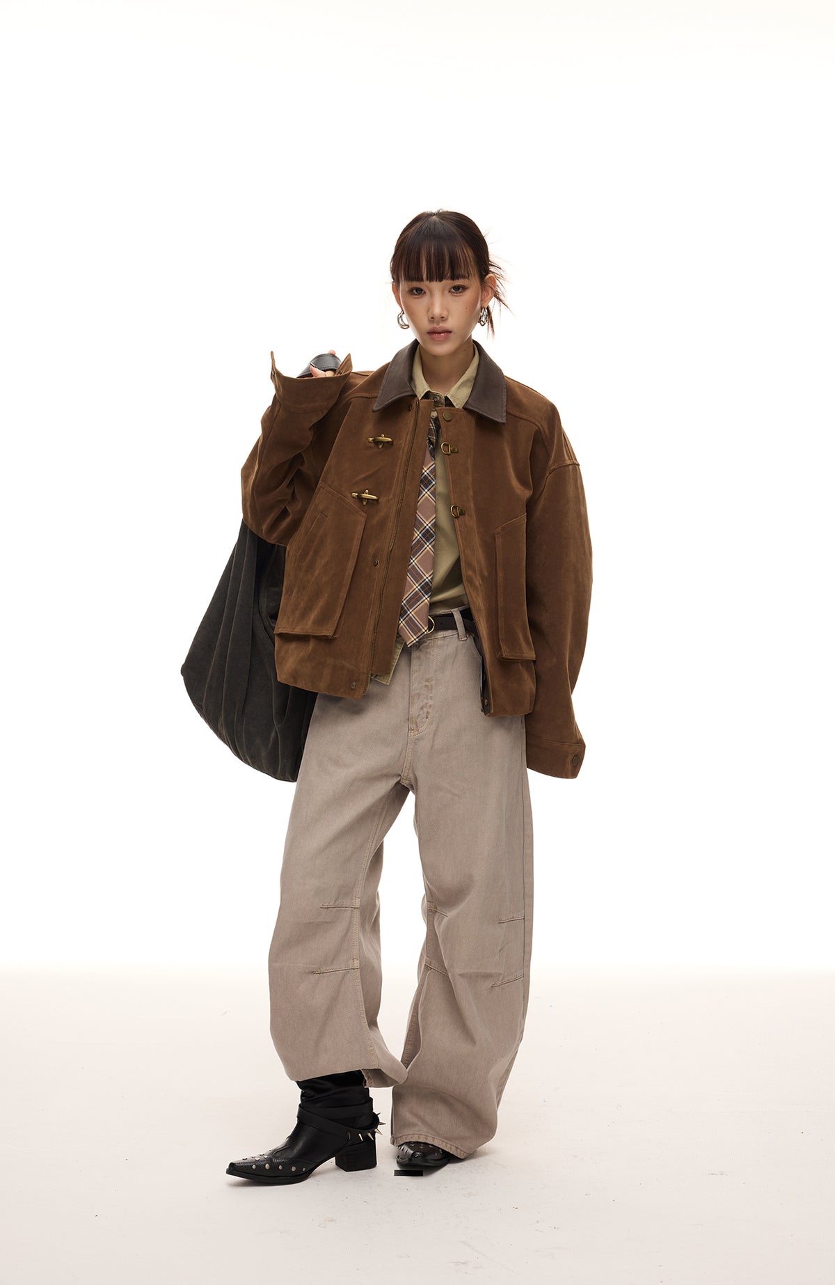 BOTANICA Retro Spliced Faux Leather Aviator Jacket