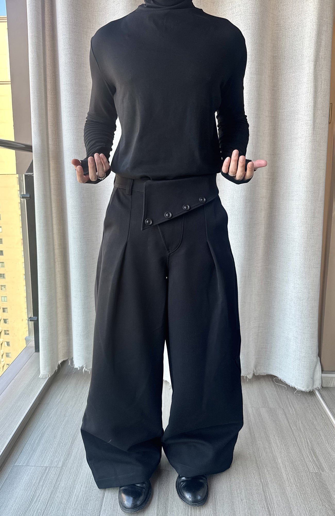 ESAIAS Foldover Waist Pleated Wide-Leg Trousers