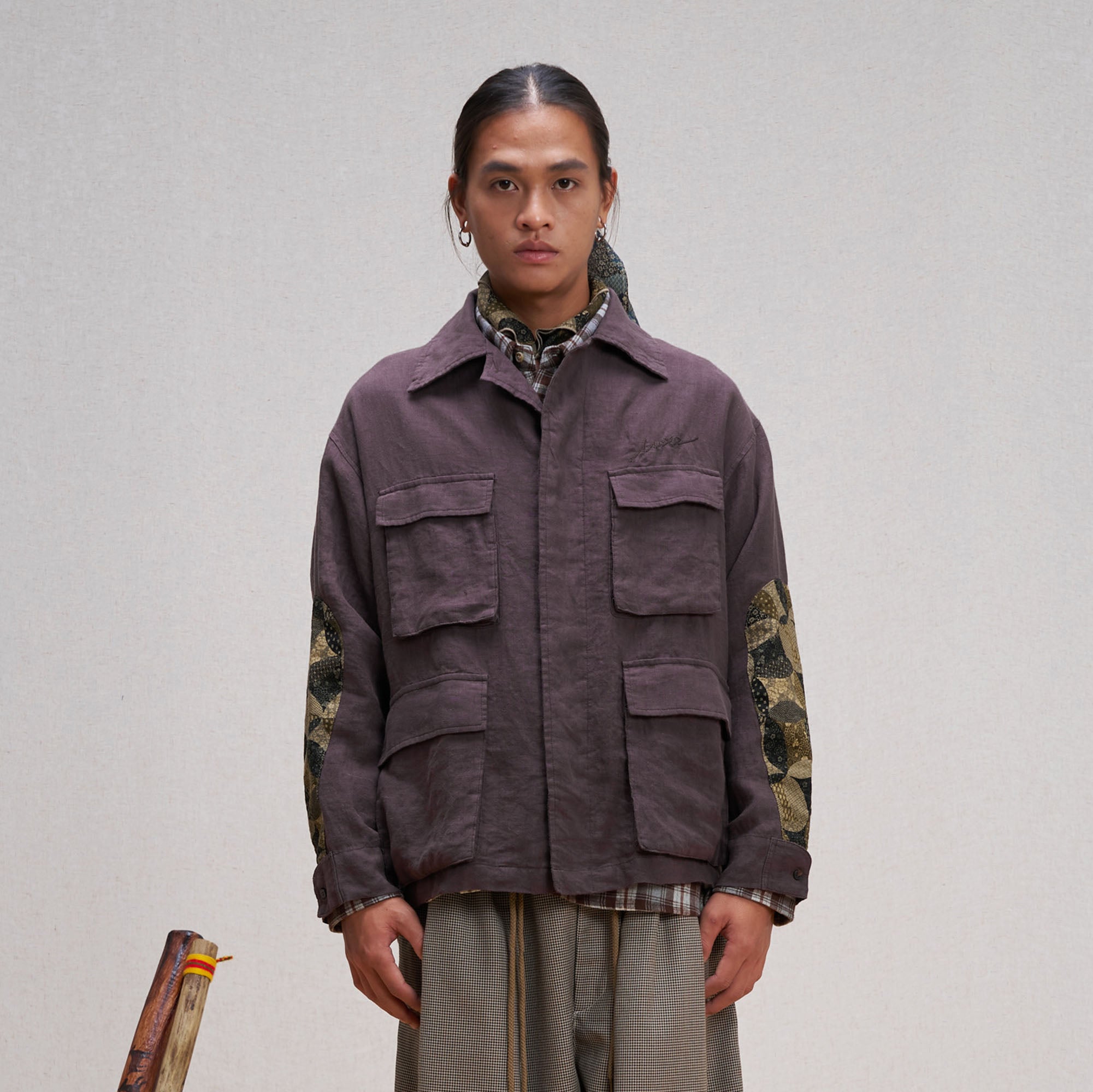 UNLIMITED MOTE Patched Elbow Multi-Pocket Linen Jacket