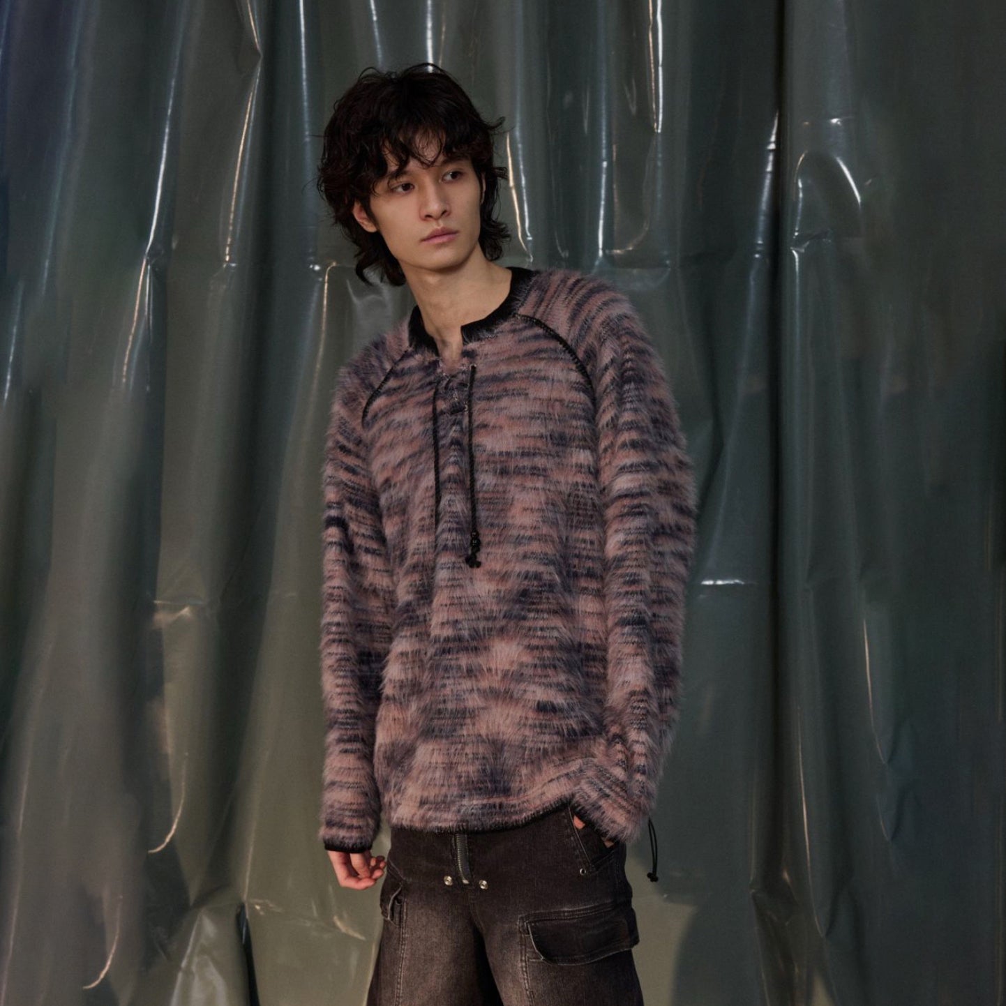 RECOVER ZONE Striped Mohair Drawstring Sweater