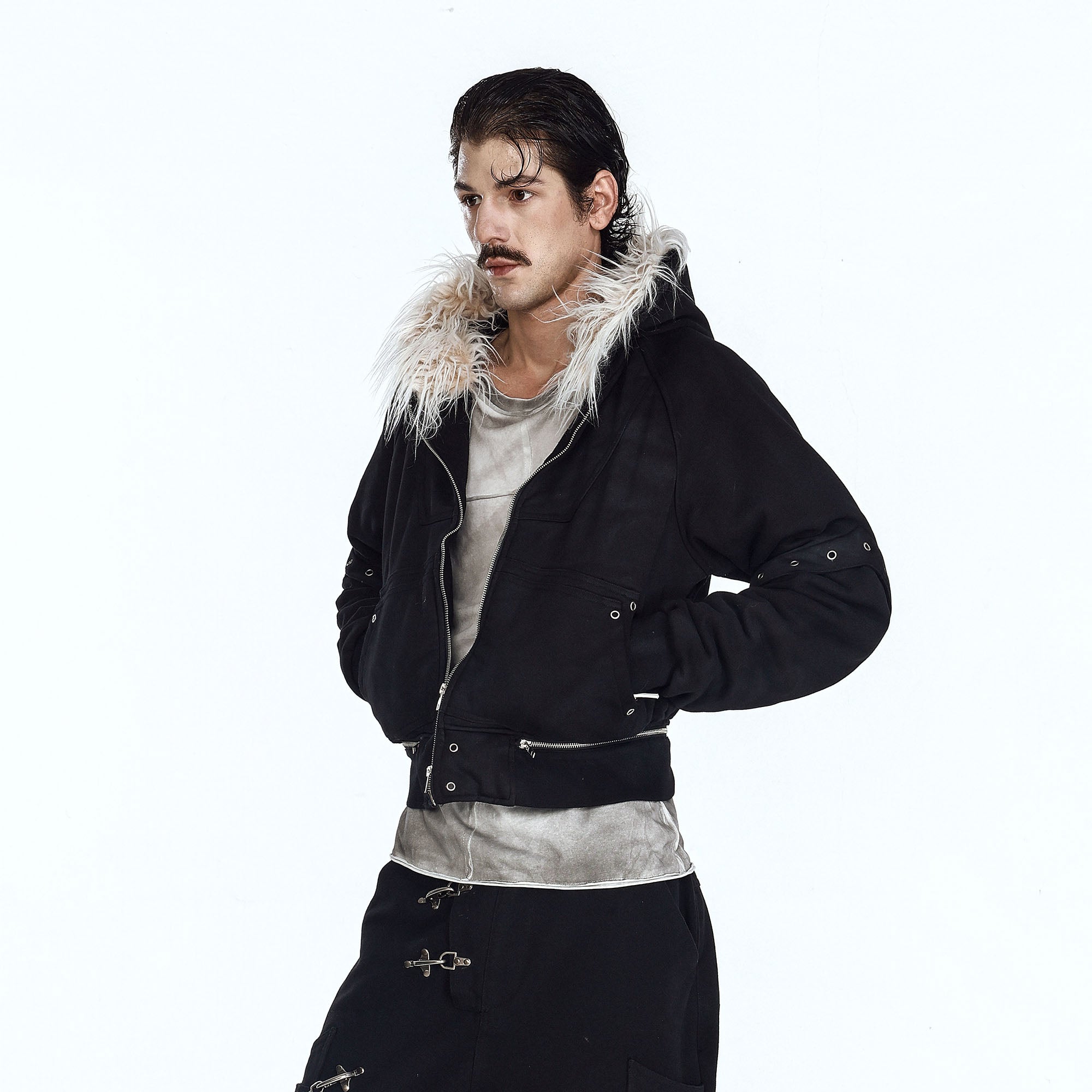 FLYERRER Detachable Faux-Fur Trim Cropped Jacket