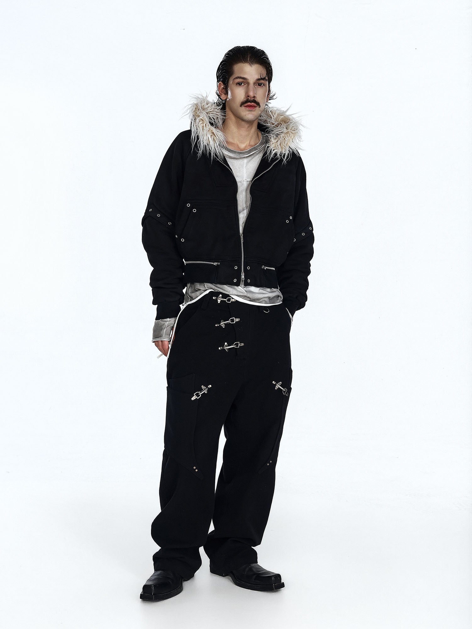 FLYERRER Detachable Faux-Fur Trim Cropped Jacket