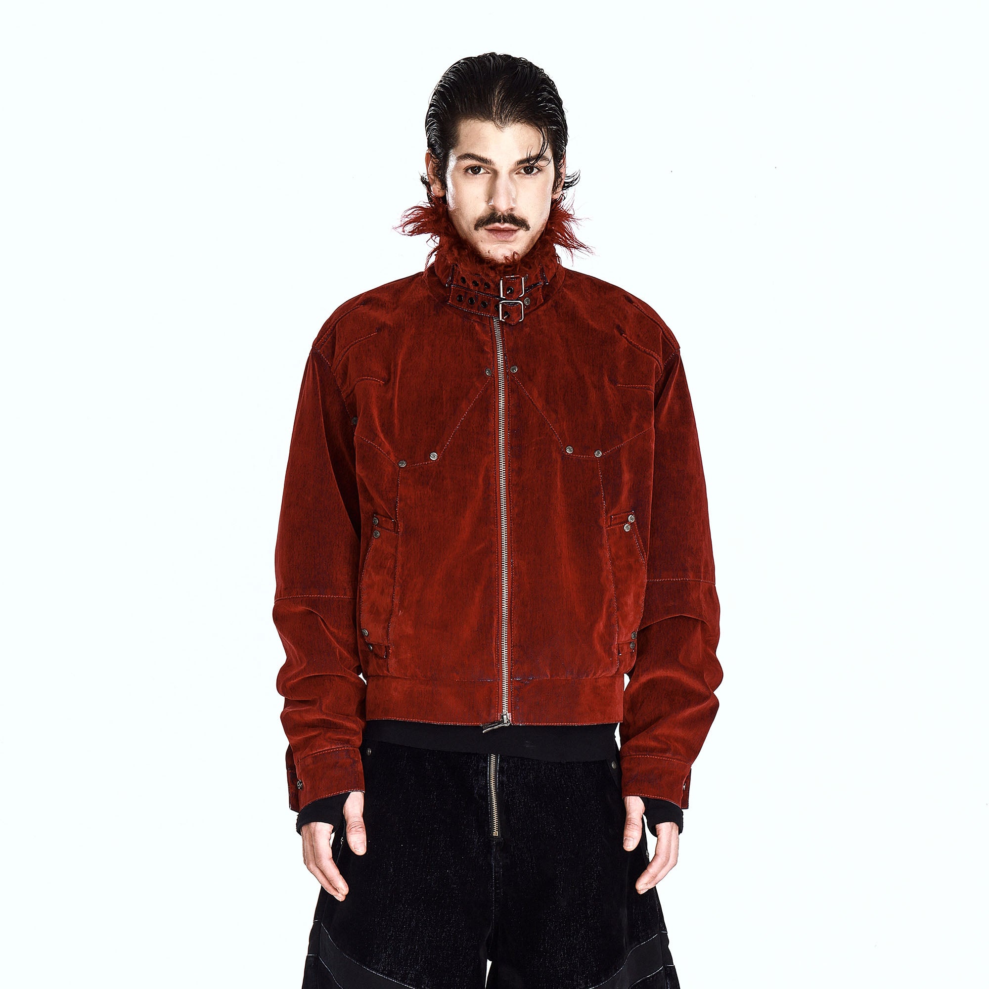 FLYERRER Retro Furry Collar Panel Denim Jacket