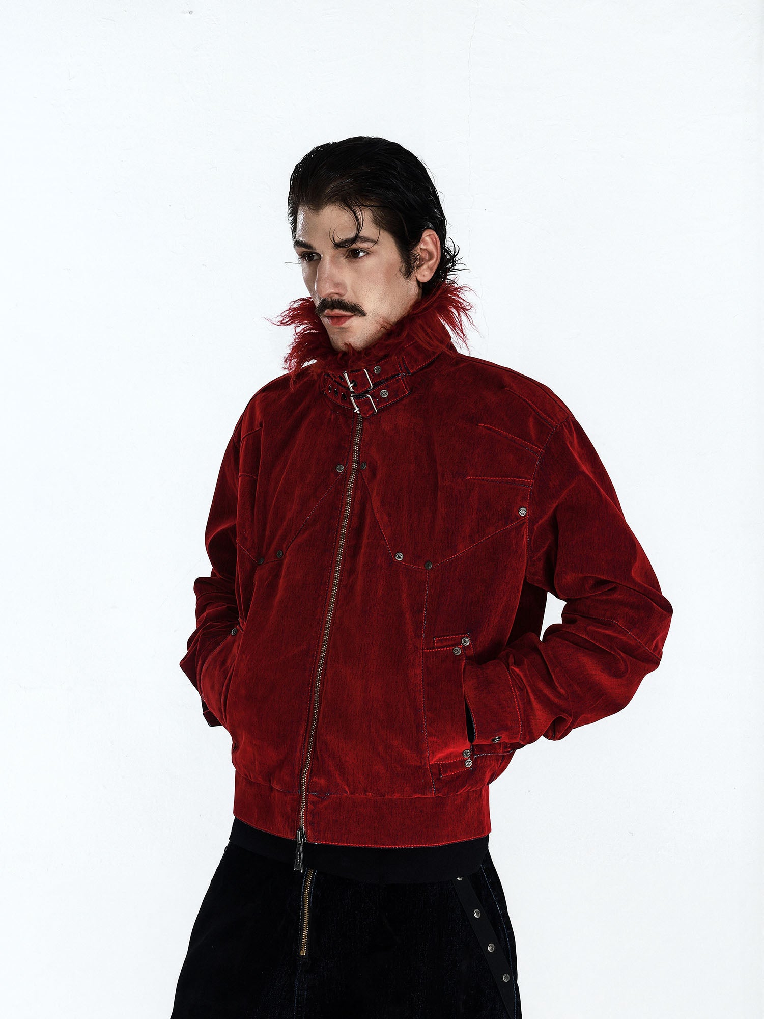 FLYERRER Retro Furry Collar Panel Denim Jacket