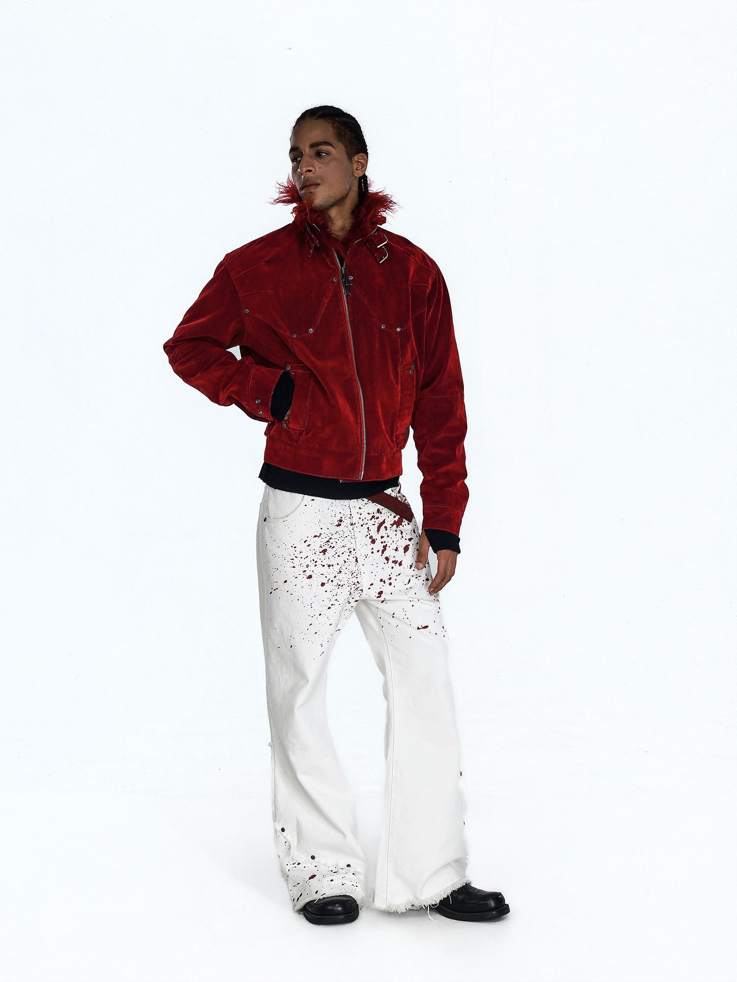 FLYERRER Retro Furry Collar Panel Denim Jacket