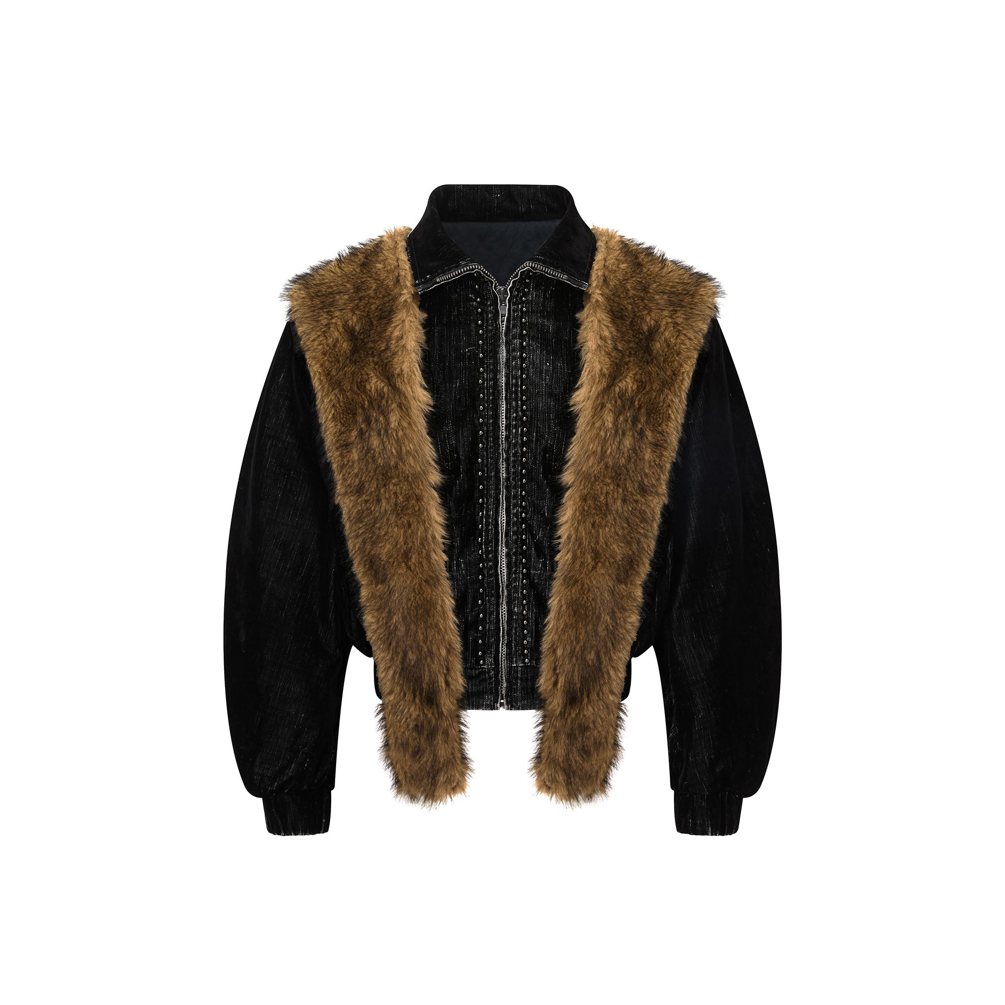 RECOVER ZONE Detachable Faux Fur Hood Studded Jacket, premium urban and streetwear designers apparel on PROJECTISR.com, RECOVER ZONE