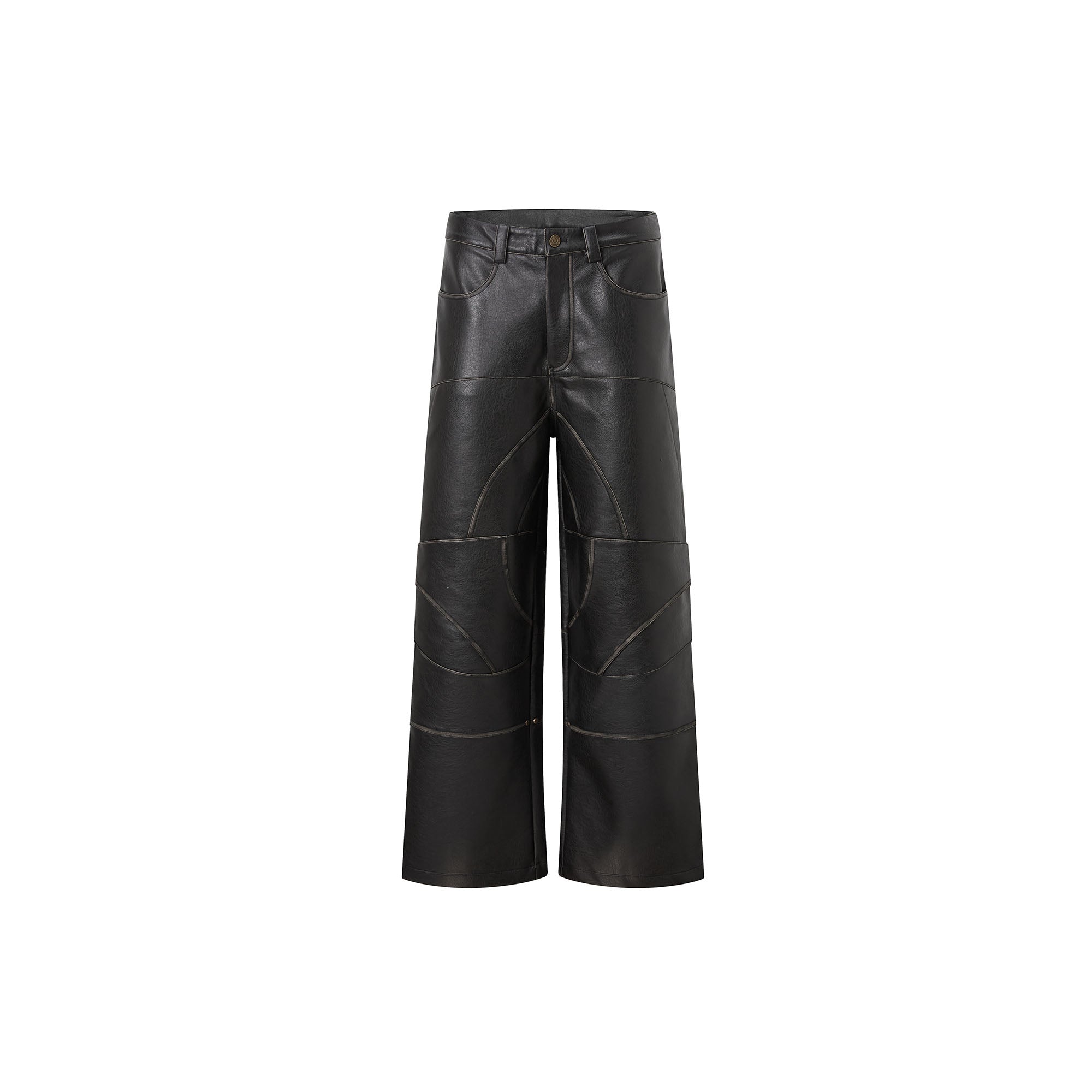 RECOVER ZONE Deconstructed Paneled Faux Leather Wide-Leg Pants, premium urban and streetwear designers apparel on PROJECTISR.com, RECOVER ZONE