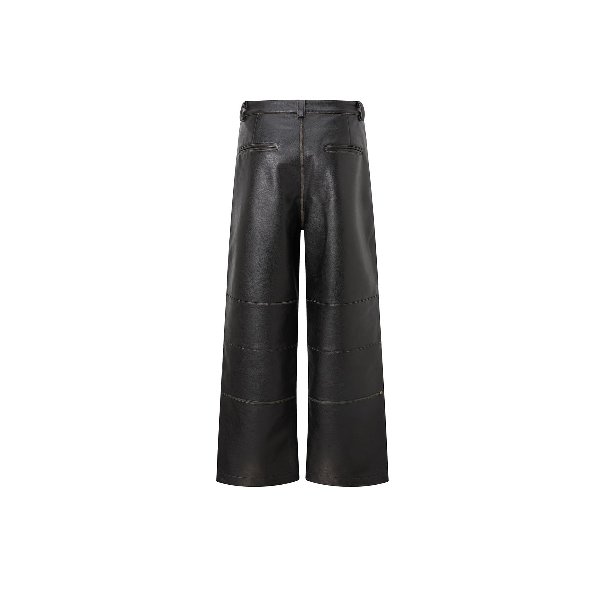 RECOVER ZONE Deconstructed Paneled Faux Leather Wide-Leg Pants, premium urban and streetwear designers apparel on PROJECTISR.com, RECOVER ZONE