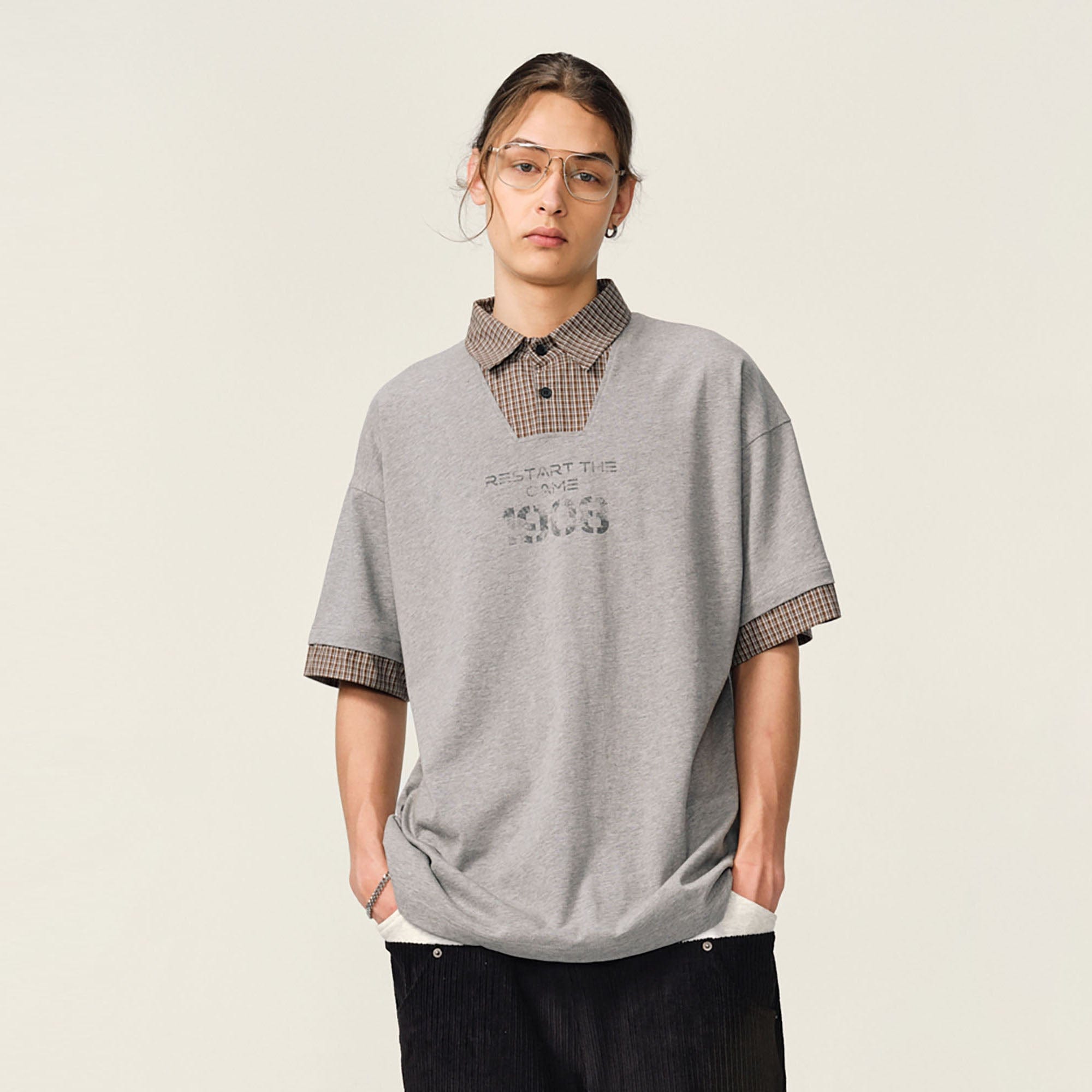 OVDY Layered Plaid Panel Mock Shirt T-Shirt, premium urban and streetwear designers apparel on PROJECTISR.com, OVDY