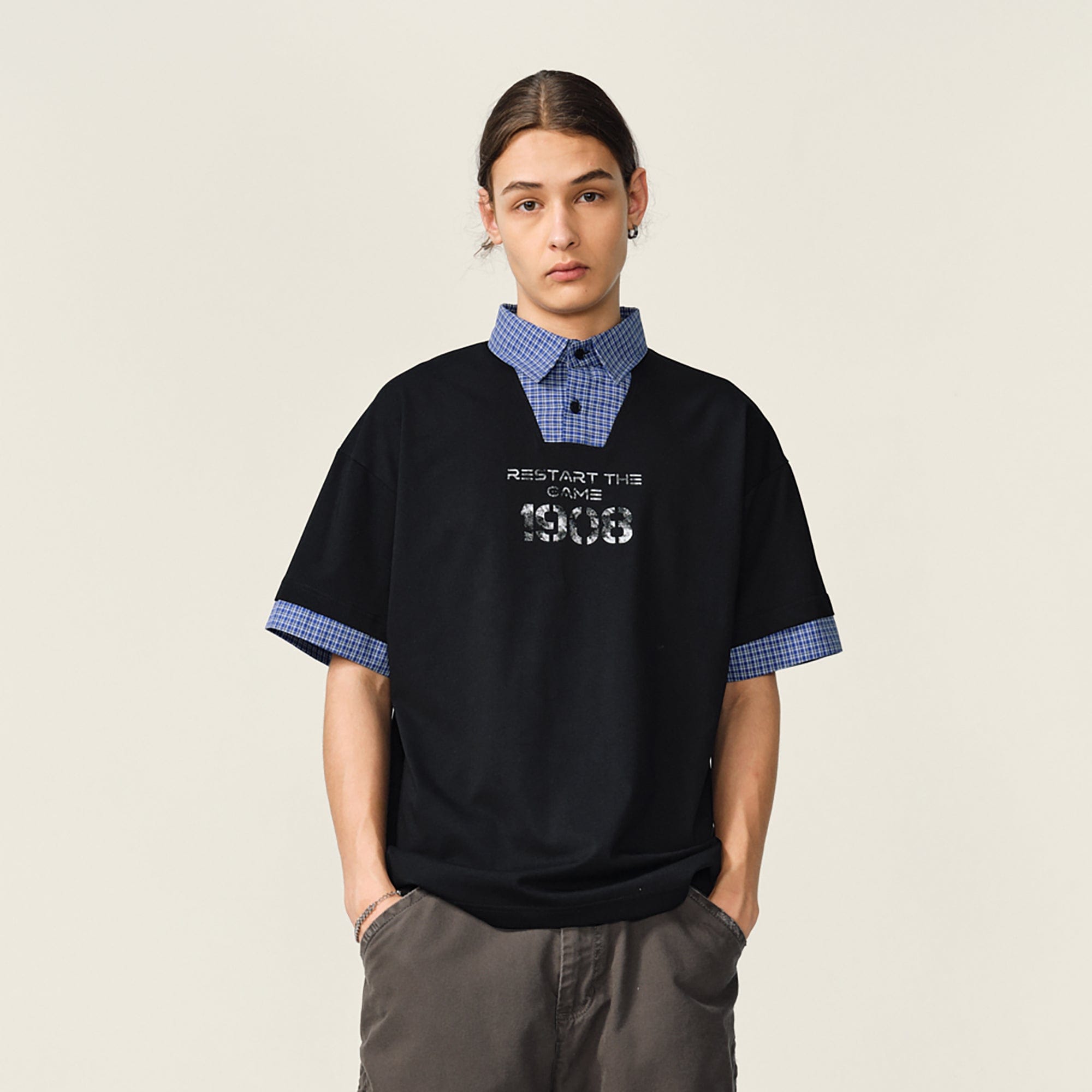 OVDY Layered Plaid Panel Mock Shirt T-Shirt, premium urban and streetwear designers apparel on PROJECTISR.com, OVDY