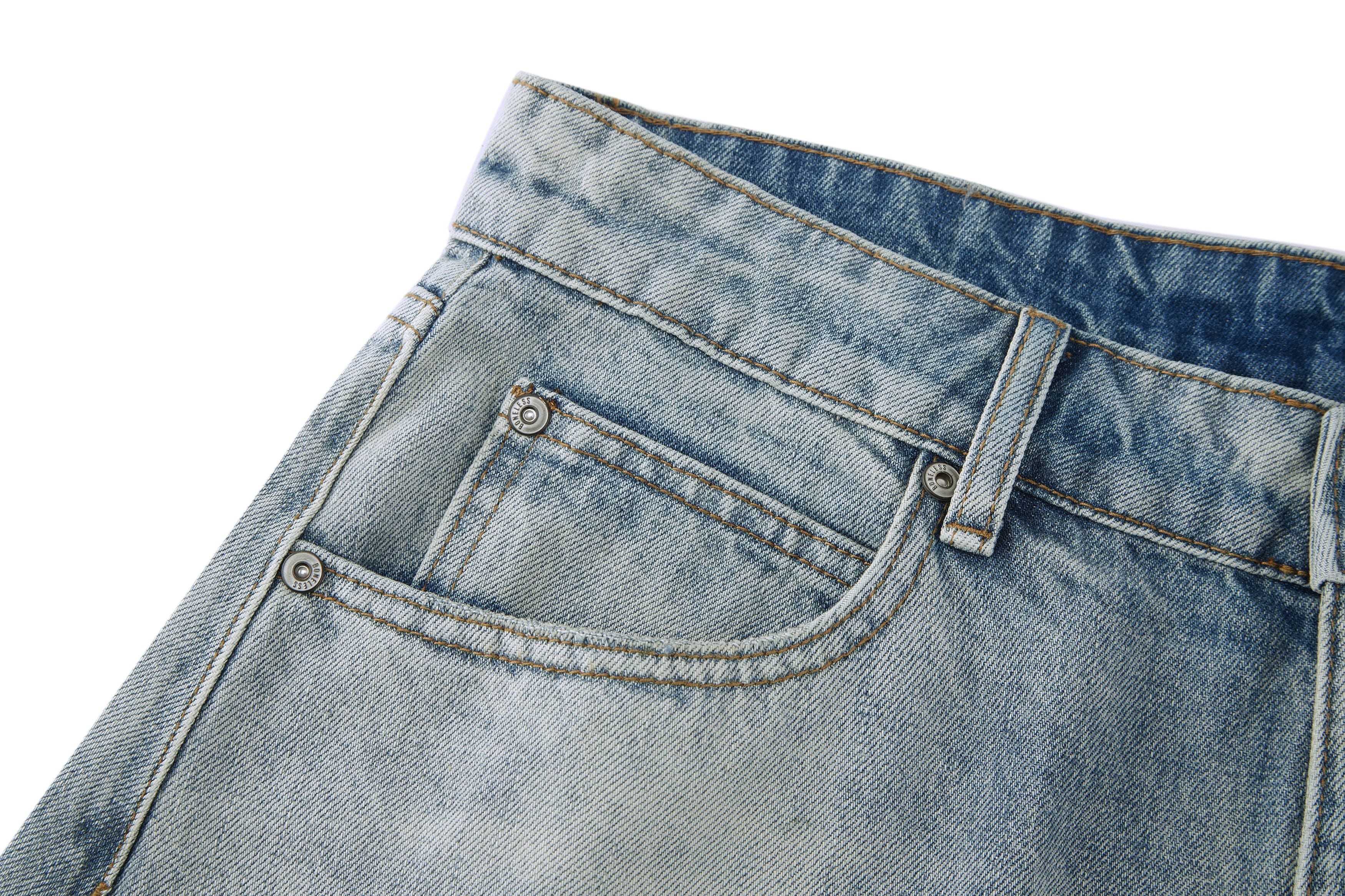BONELESS Washed Ripped Hem Curved Baggy Jeans