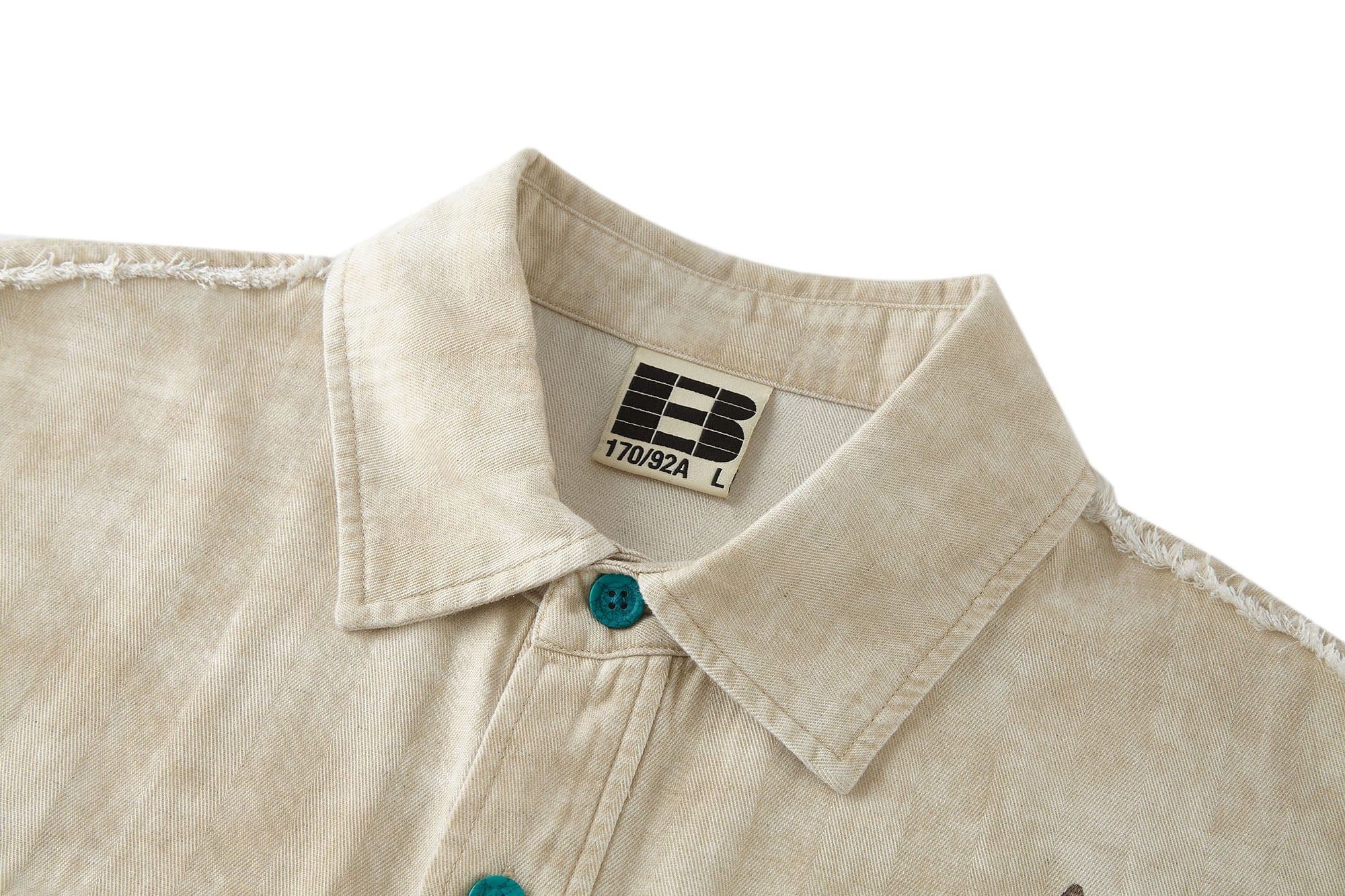 BONELESS Distressed Turquoise-Button Frayed-Hem Half Shirt, premium urban and streetwear designers apparel on PROJECTISR.com, BONELESS
