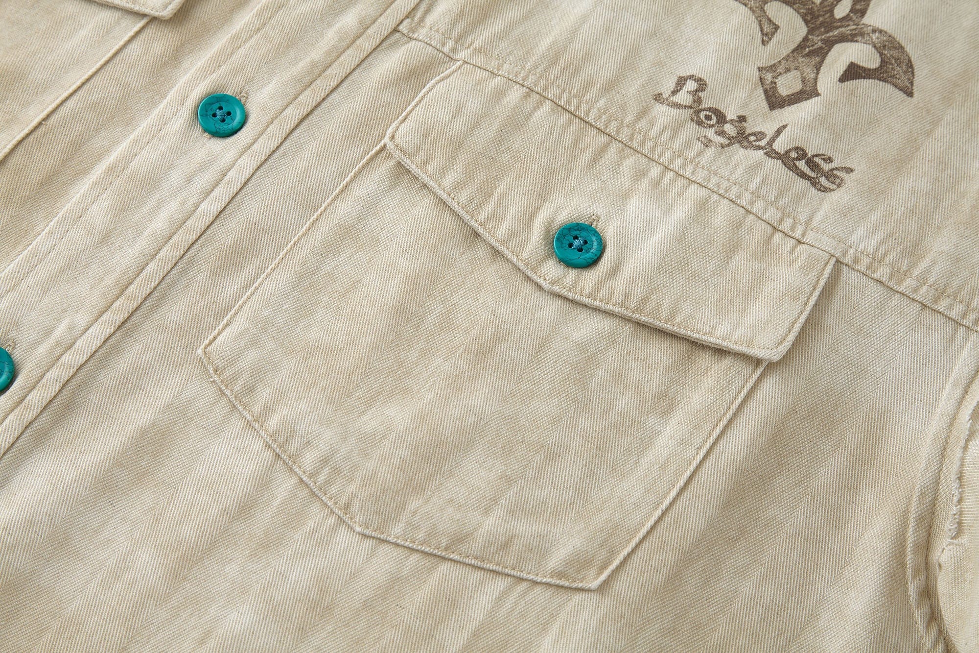 BONELESS Distressed Turquoise-Button Frayed-Hem Half Shirt, premium urban and streetwear designers apparel on PROJECTISR.com, BONELESS