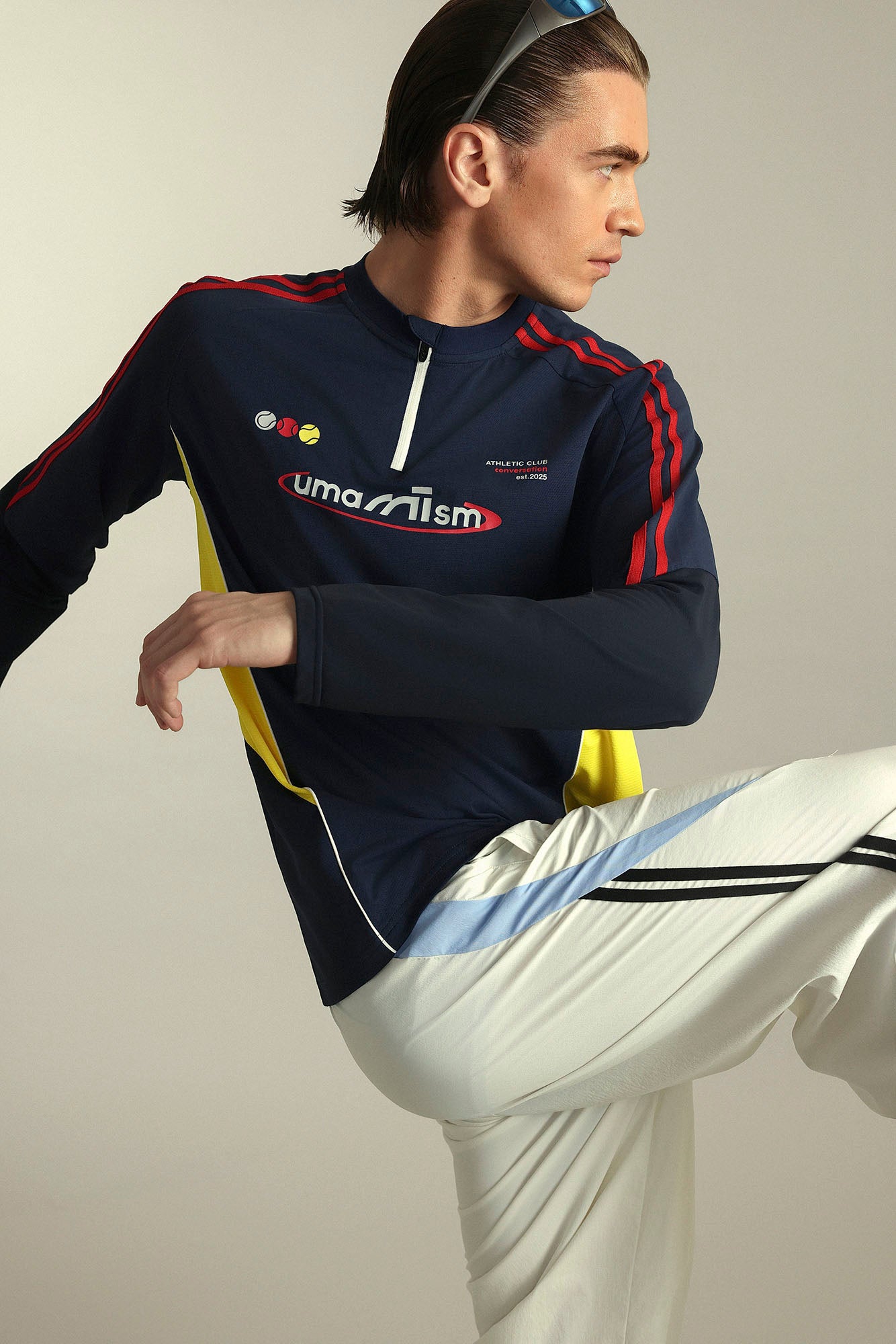 UMAMIISM Contrast Stripe Mesh-Panel Quick-Dry Long-Sleeve Tee, premium urban and streetwear designers apparel on PROJECTISR.com, UMAMIISM
