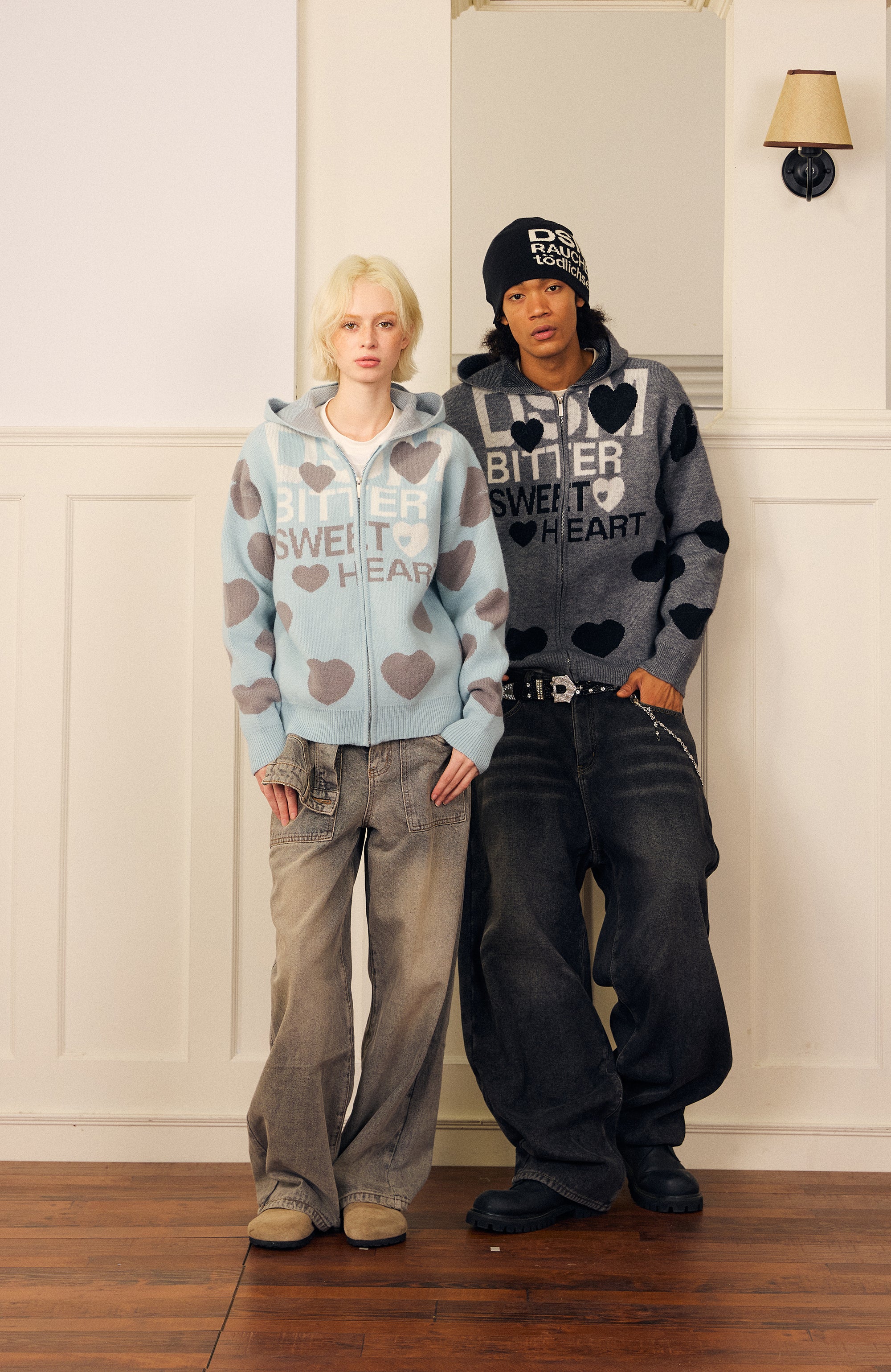 DONSMOKE Heart Full-Print Knit Zip-Up Hoodie