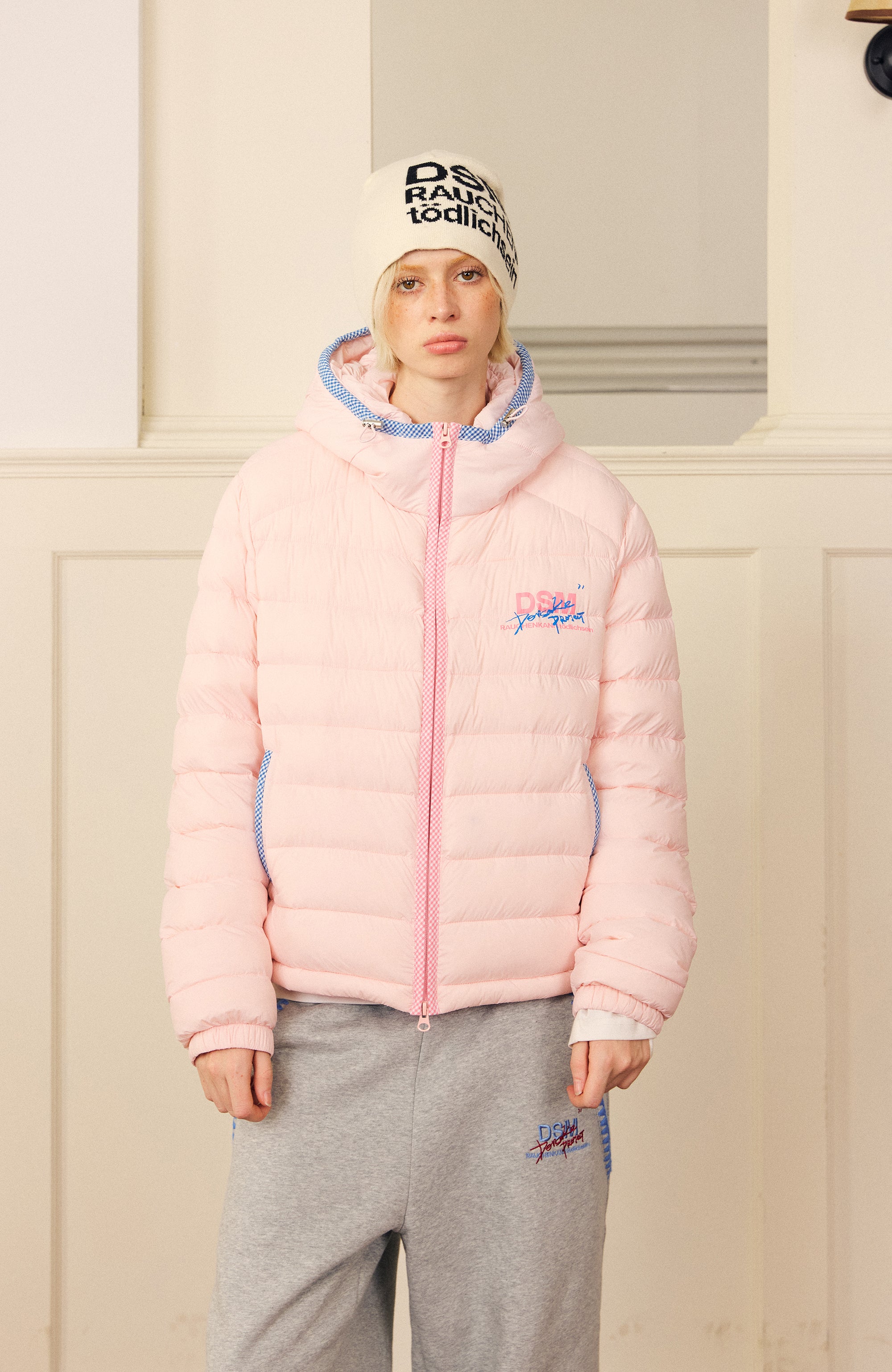 DONSMOKE Plaid Trim Hooded Down Puffer