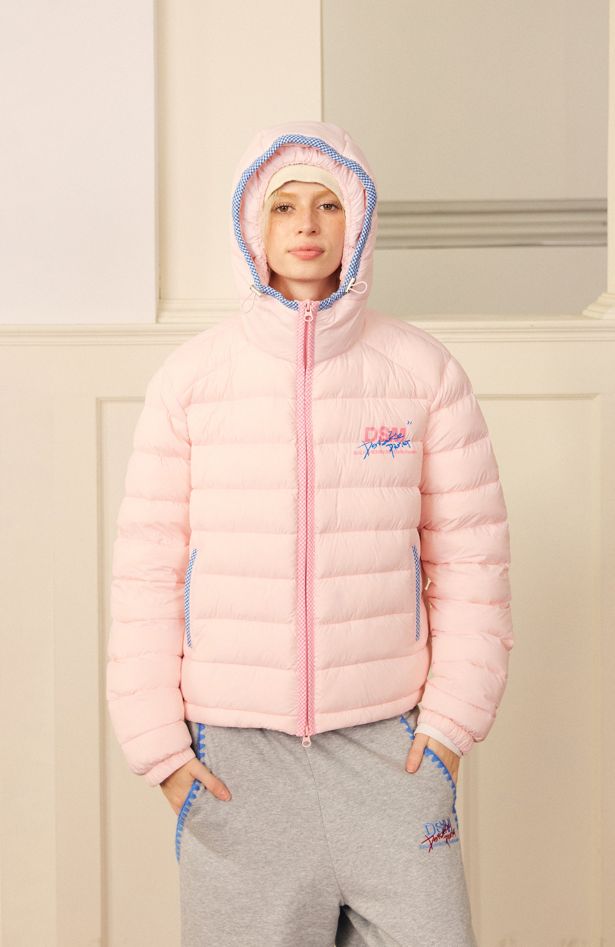 DONSMOKE Plaid Trim Hooded Down Puffer