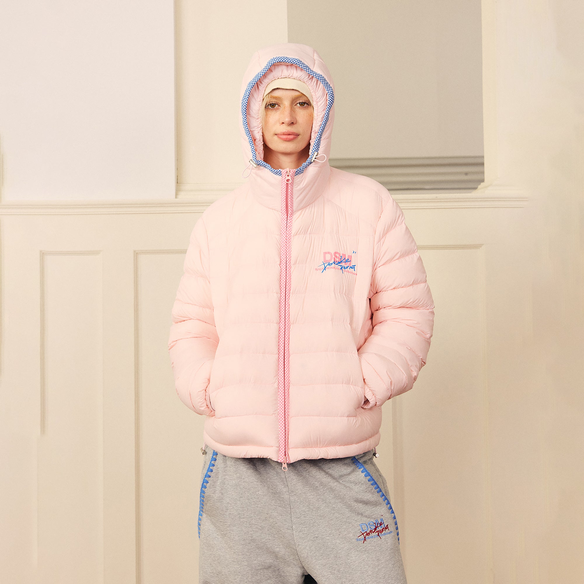 DONSMOKE Plaid Trim Hooded Down Puffer