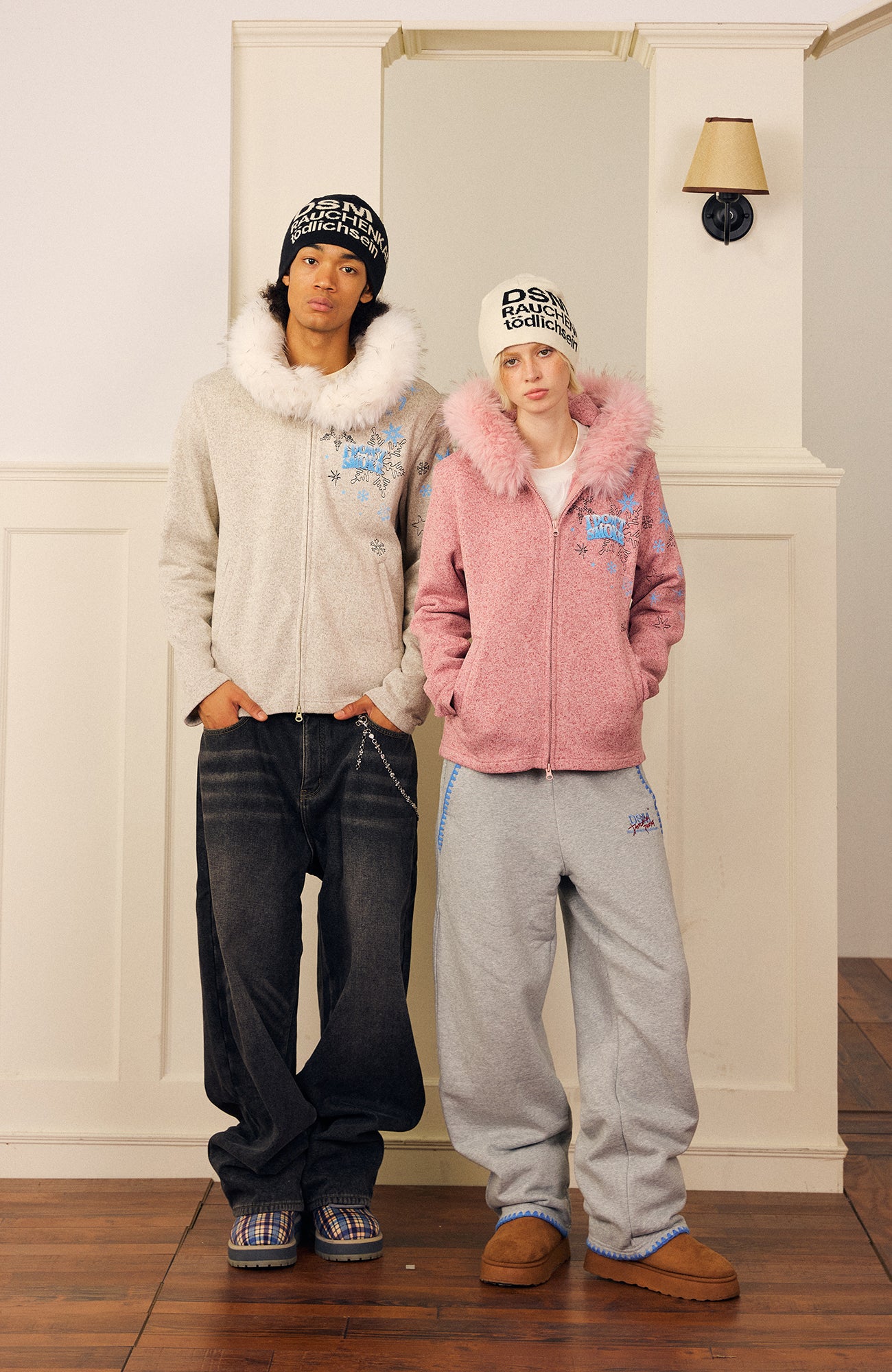 DONSMOKE Snowflake Embroidered Fleece-Lined Zip-Up Hoodie