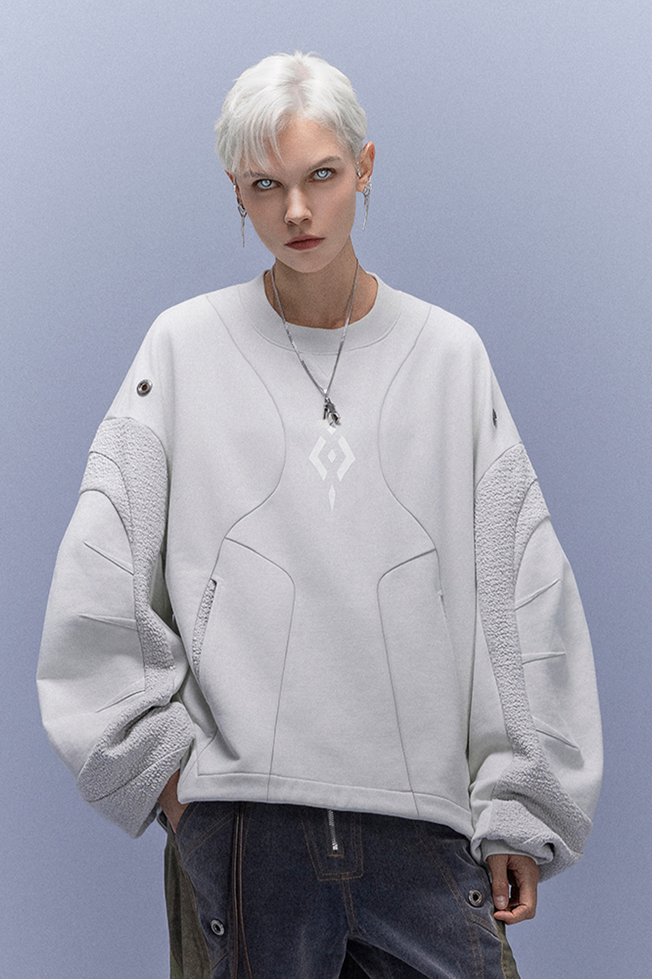 XIPHEVIL Utility Paneled Crewneck Sweatshirt White